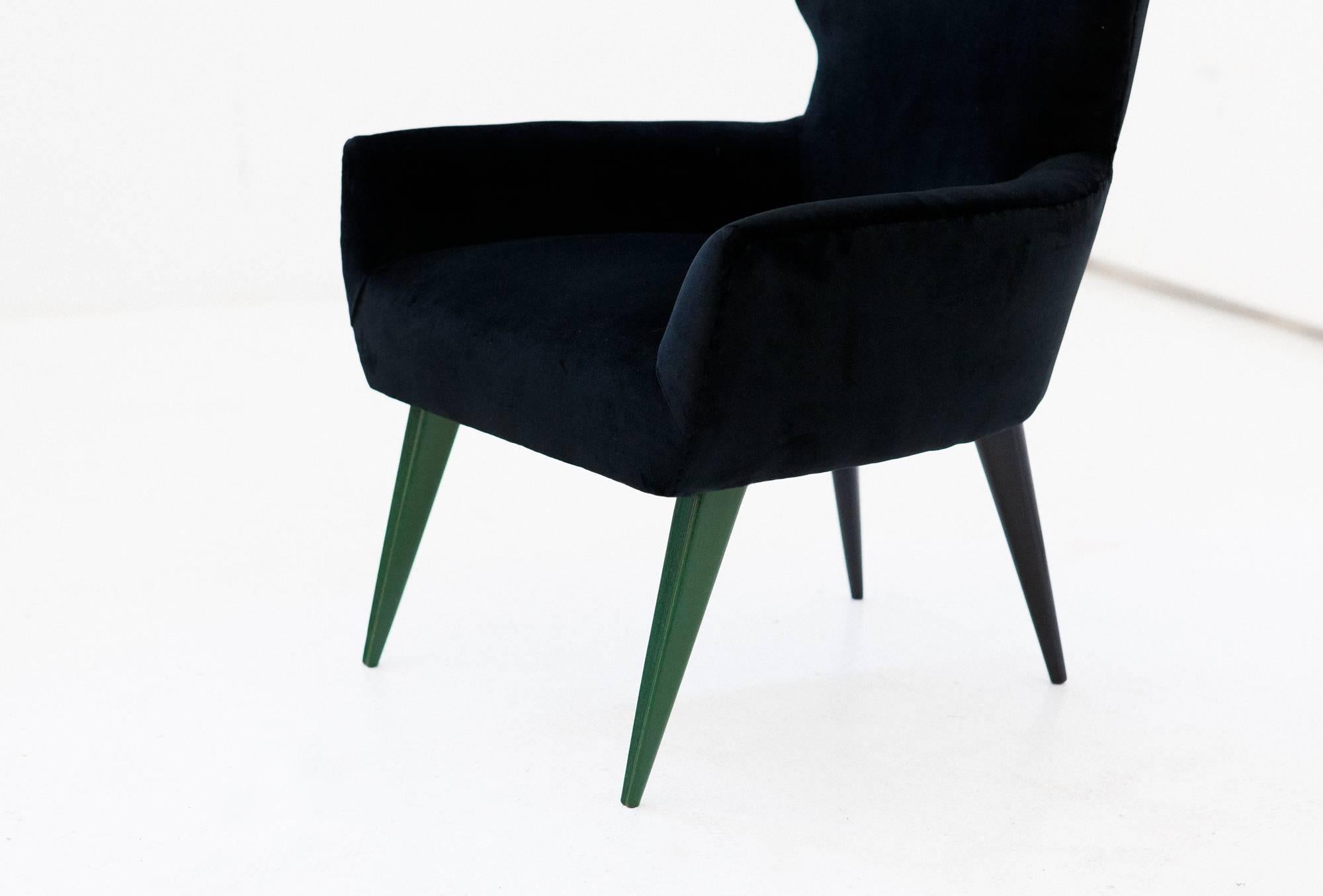 Pair of Italian Modern Easy Chairs with New Black Velvet Upholstery, 1950s 4