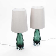Pair of Italian Modern Forest Green Diamond-Cut Crystal Murano Glass Table Lamps