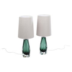 Pair of Italian Modern Forest Green Diamond-Cut Crystal Murano Glass Table Lamps