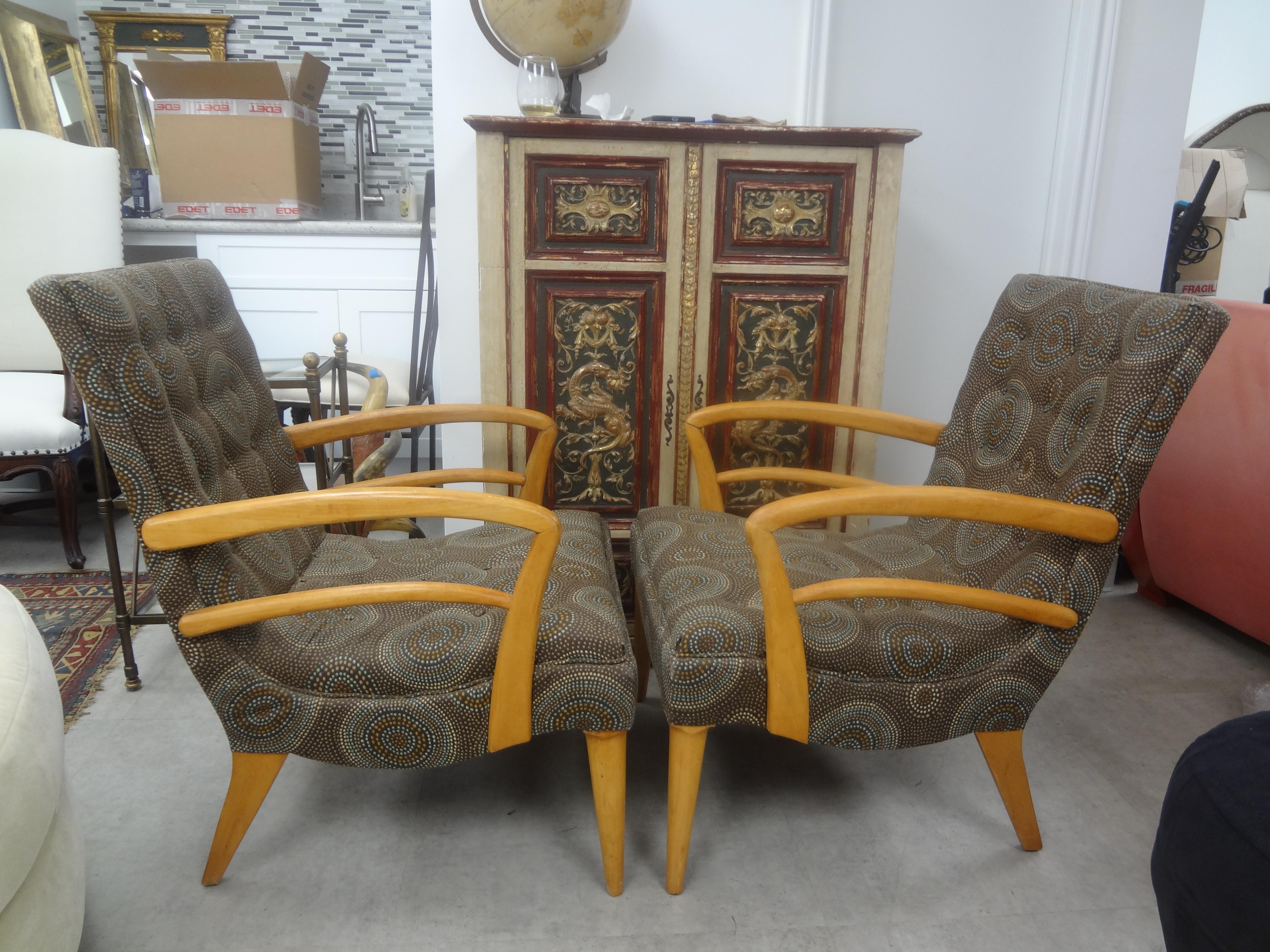 Pair of Italian Modern Fruitwood Lounge Chairs.
These shapely Italian mid century modern Paolo Buffa style fruitwood lounge chairs are most comfortable and have been upholstered in Donghia fabric.
Lovely from every angle!