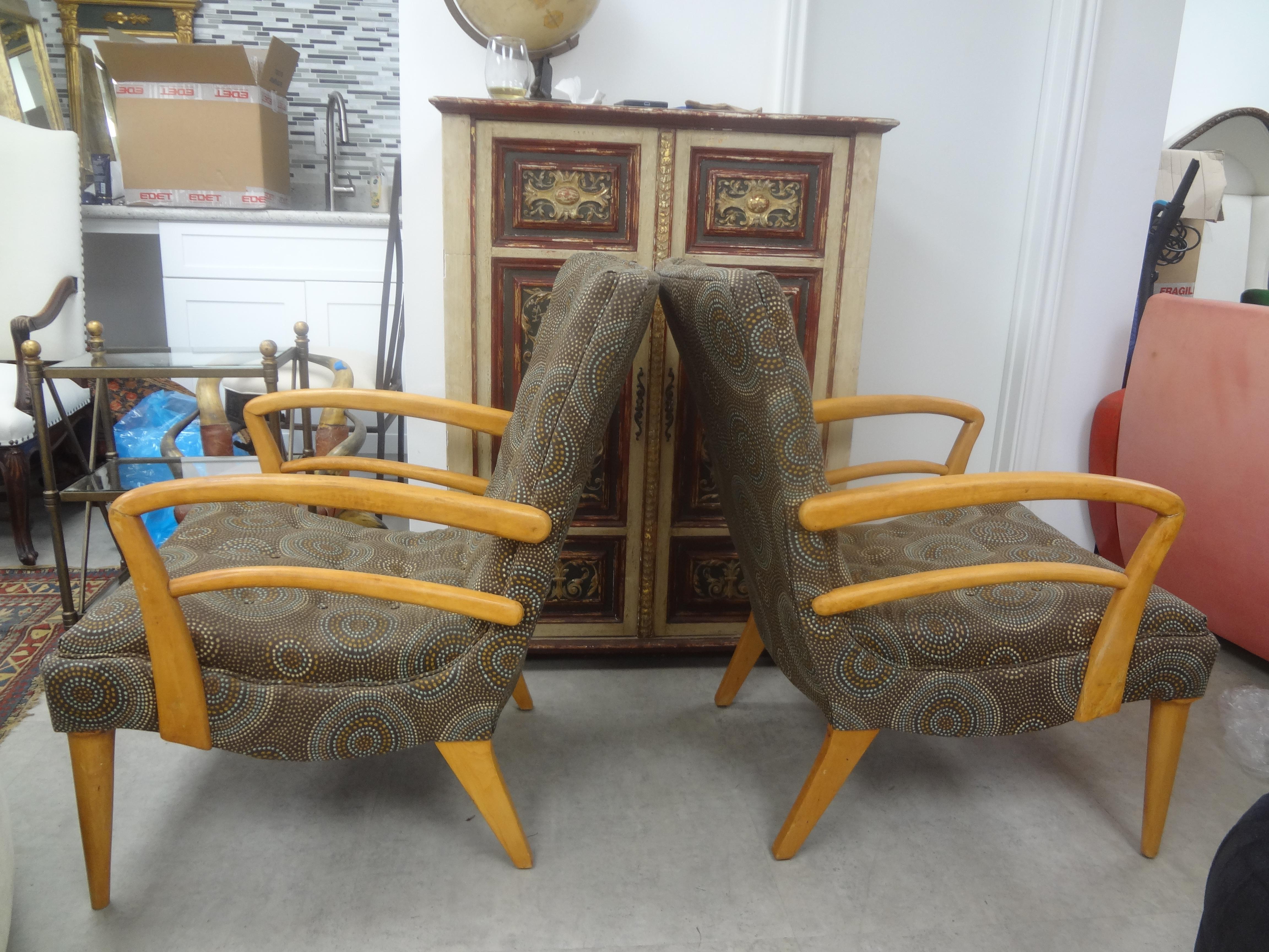 Fabric Pair of Italian Modern Fruitwood Lounge Chairs For Sale