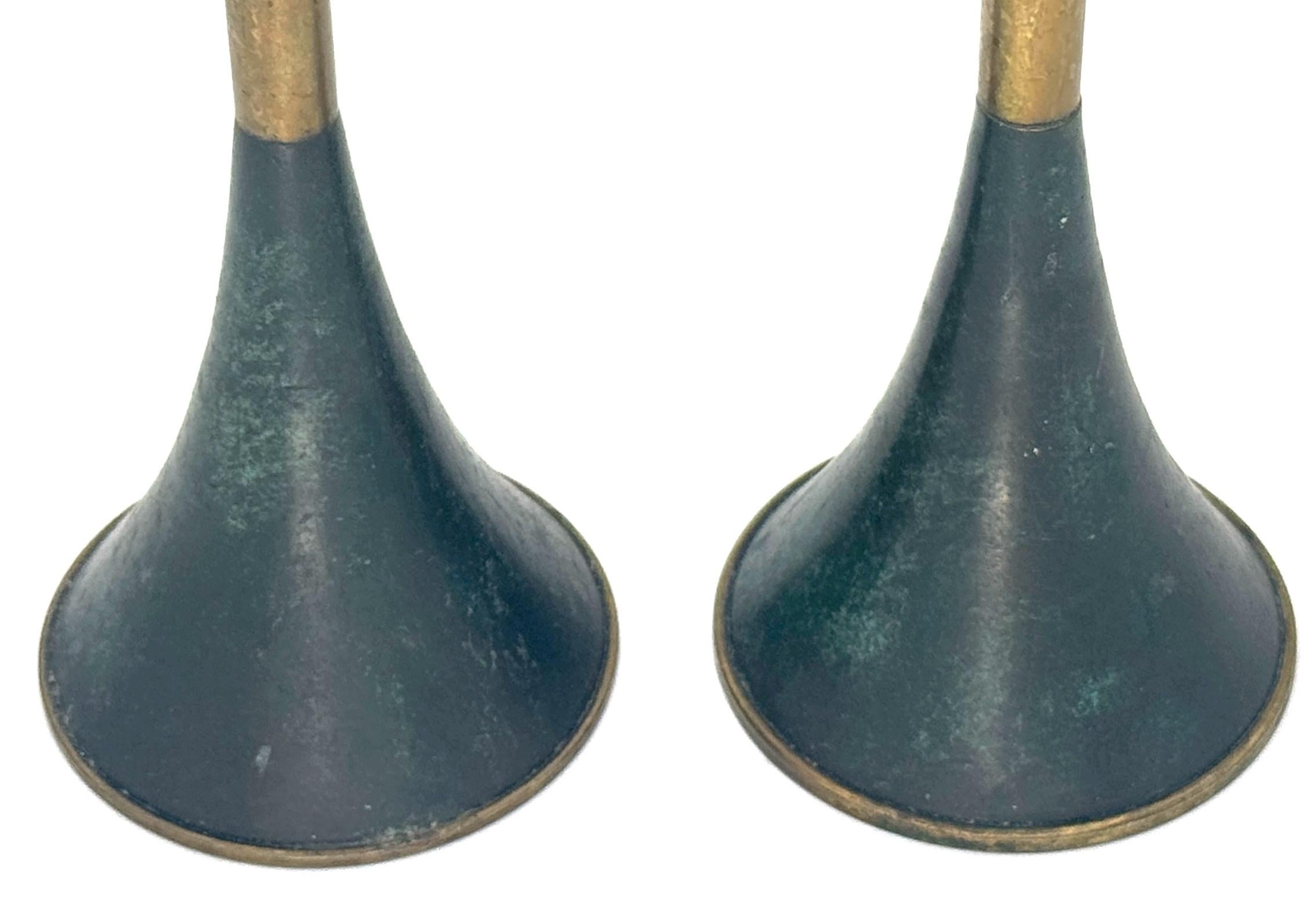 Pair of Italian Modern Gilt and Patinated Brass Conical Candlesticks, C. 1970s For Sale 1