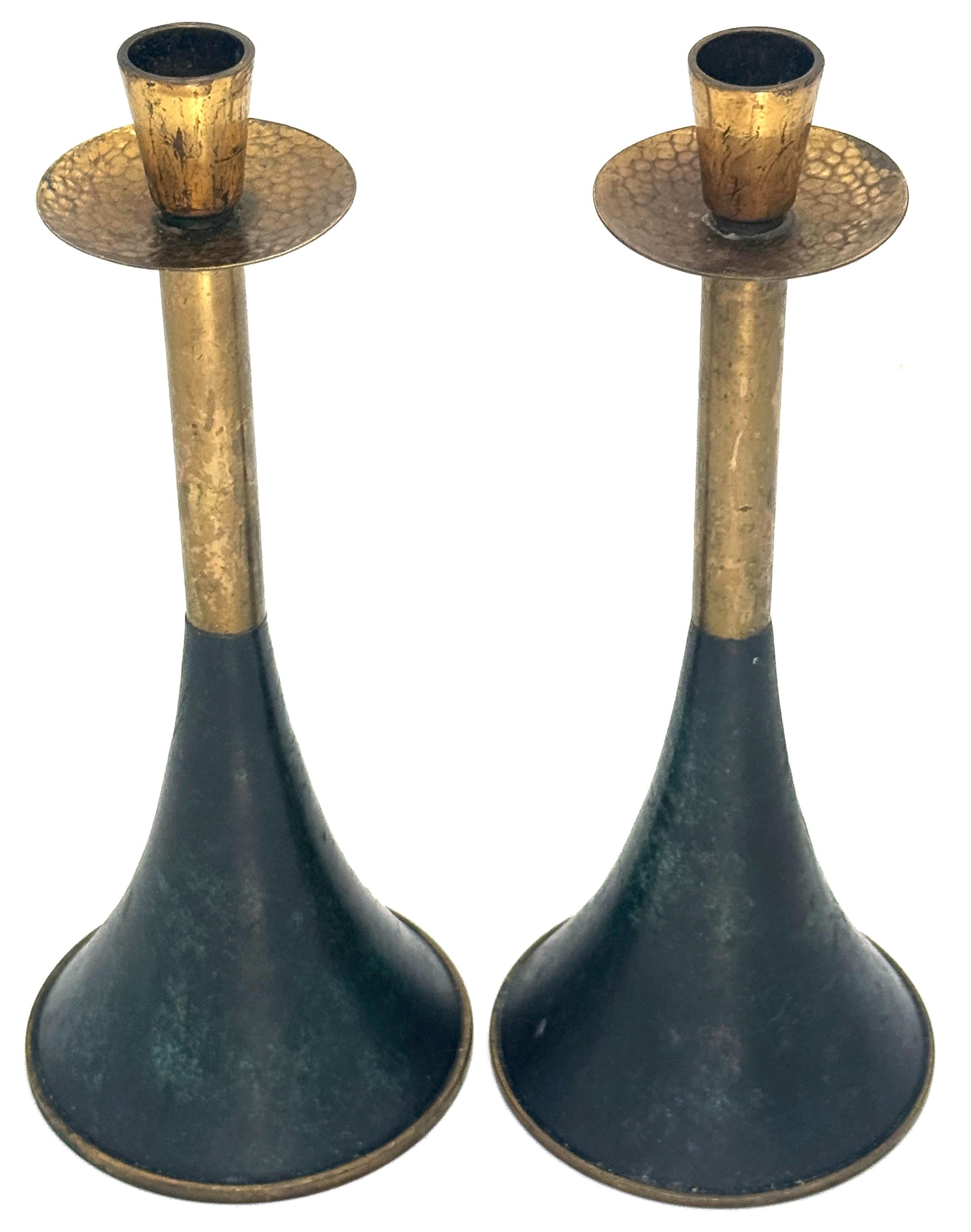 Pair of Italian Modern Gilt and Patinated Brass Conical Candlesticks, C. 1970s For Sale 2