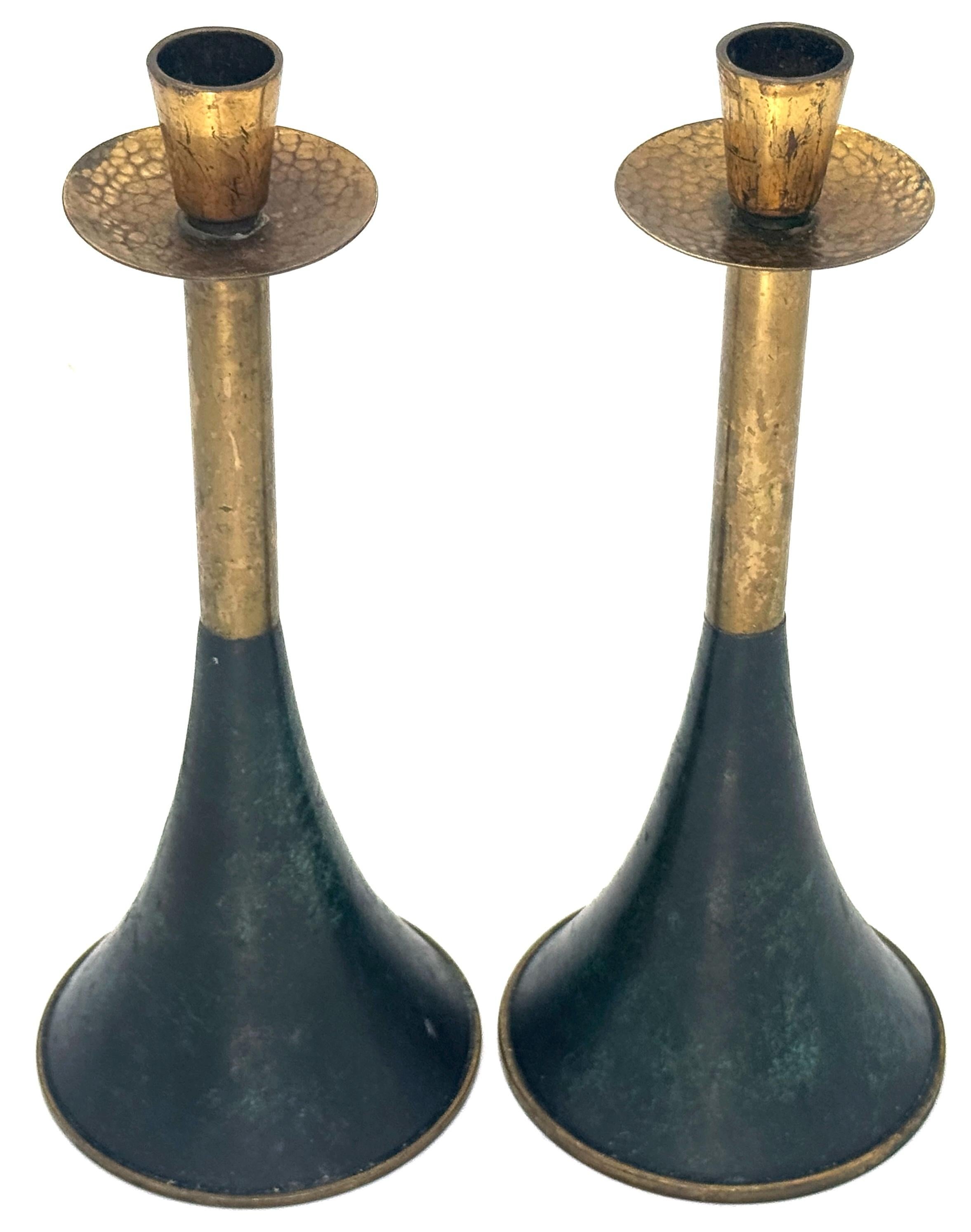 Pair of Italian Modern Gilt and Patinated Brass Conical Candlesticks, C. 1970s For Sale 3