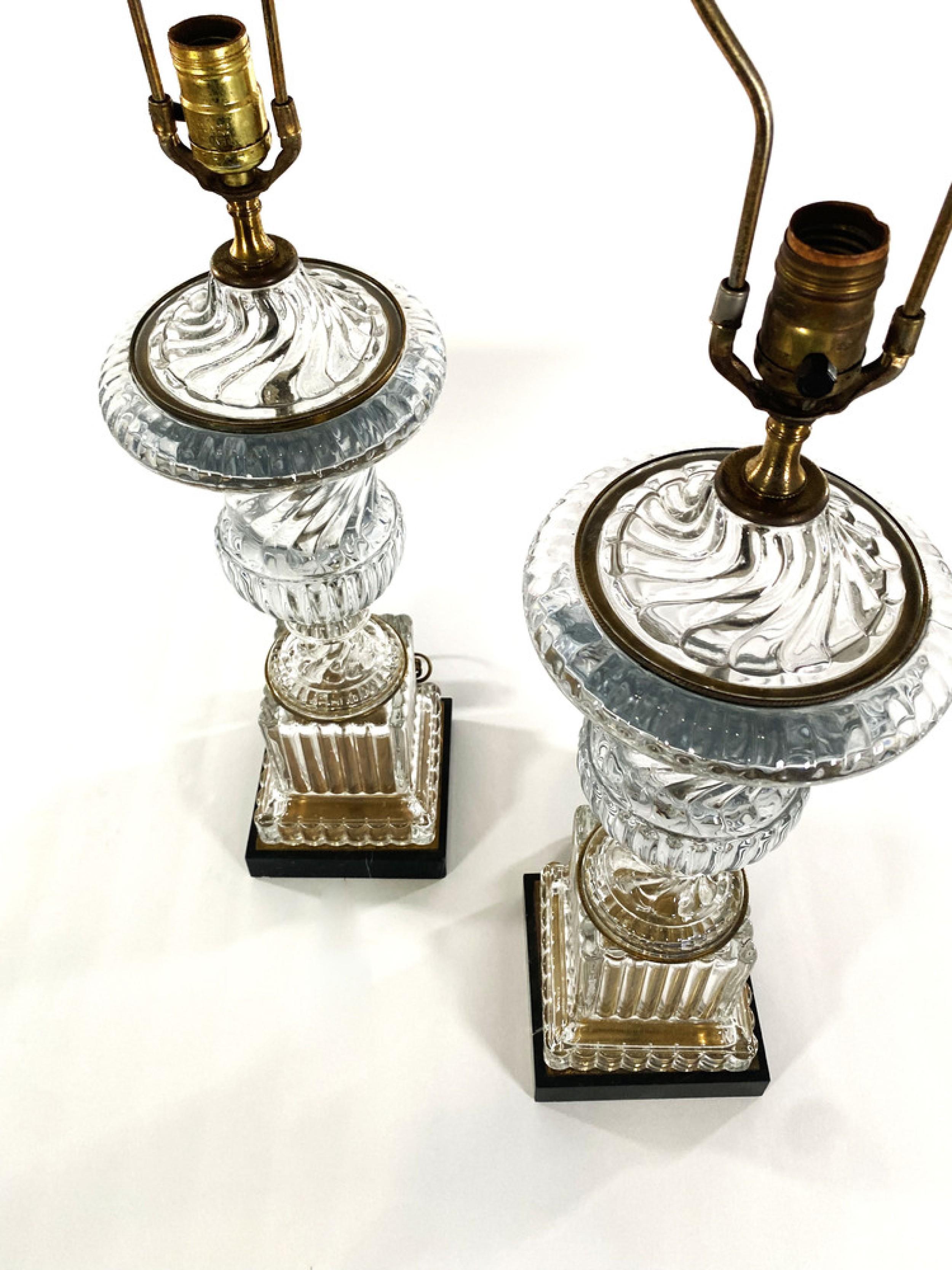 PAIR of Italian Mid-Century Glass and Brass Lamps with an urn shape design on a square plinth and resting on an ebonzied base Baroiver & Toso