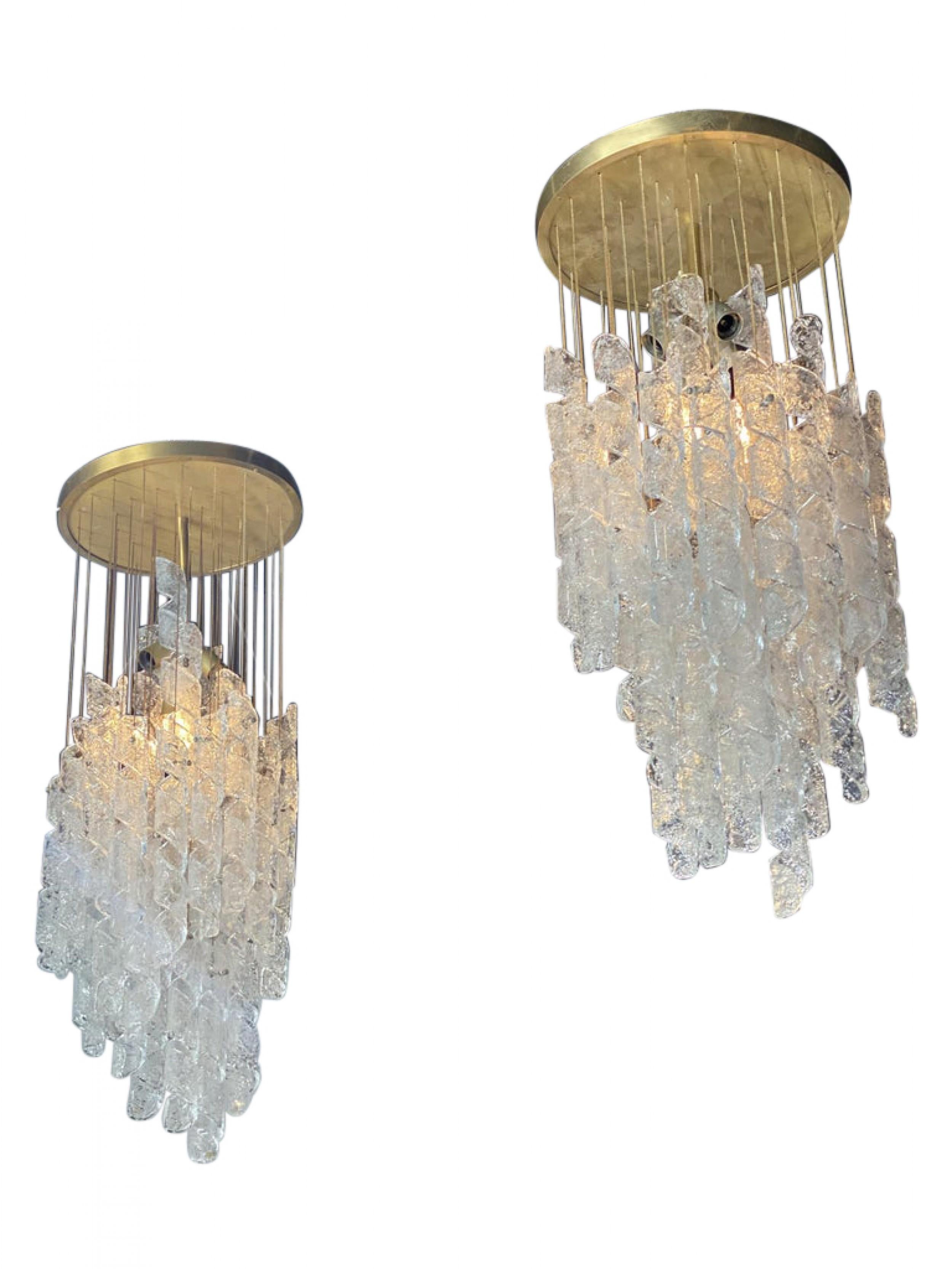 Mid-Century Modern Pair of Italian Modern Hand Blown Glass and Brass Chandeliers, Mazzega For Sale