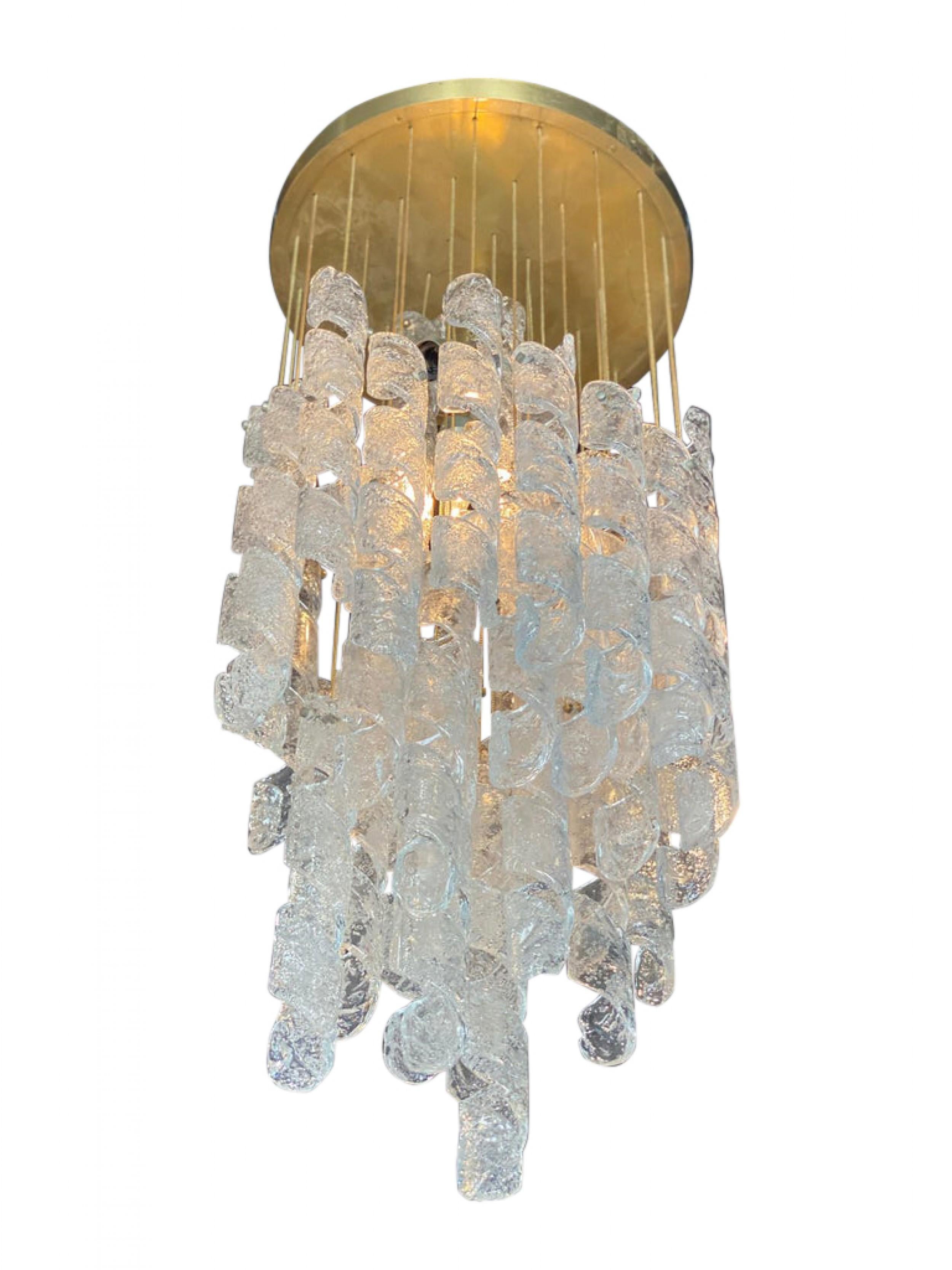 Pair of Italian Modern Hand Blown Glass and Brass Chandeliers, Mazzega In Good Condition For Sale In New York, NY