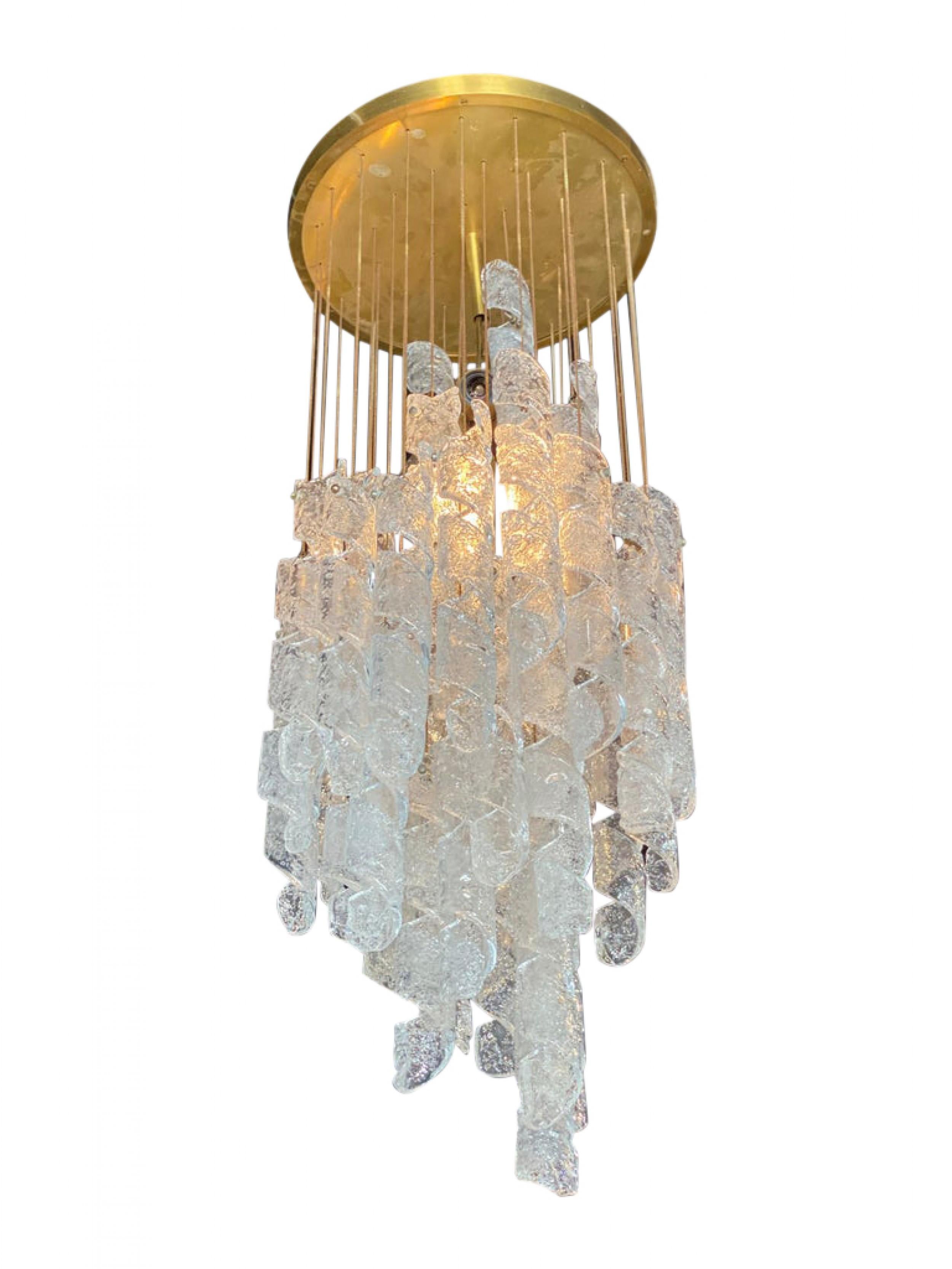 Pair of Italian Modern Hand Blown Glass and Brass Chandeliers, Mazzega For Sale 1