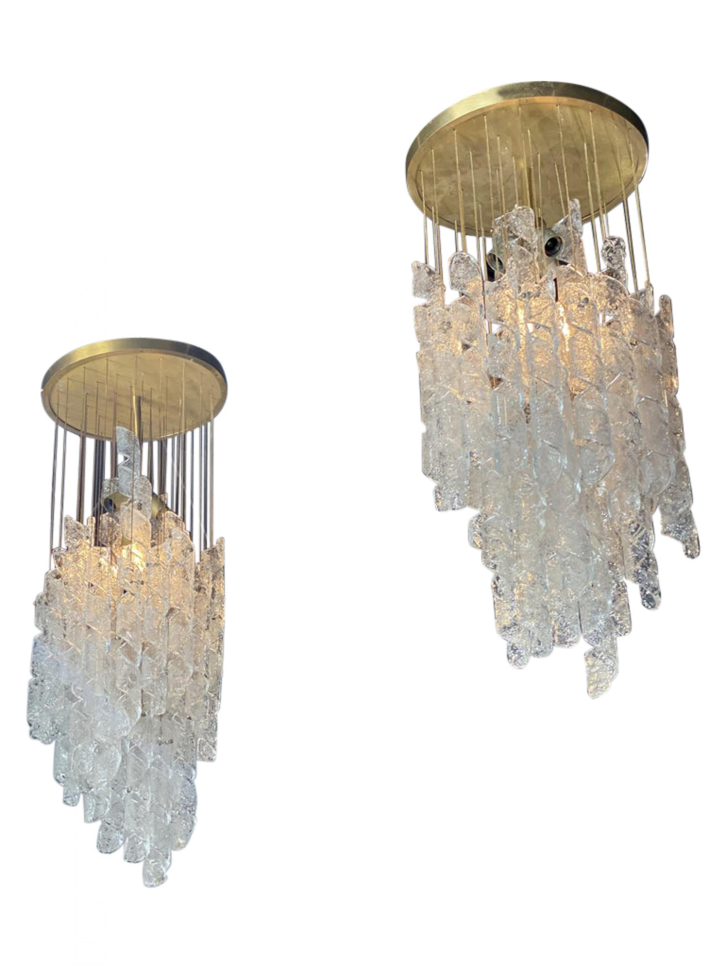 Pair of Italian Modern Hand Blown Glass and Brass Chandeliers, Mazzega For Sale 2