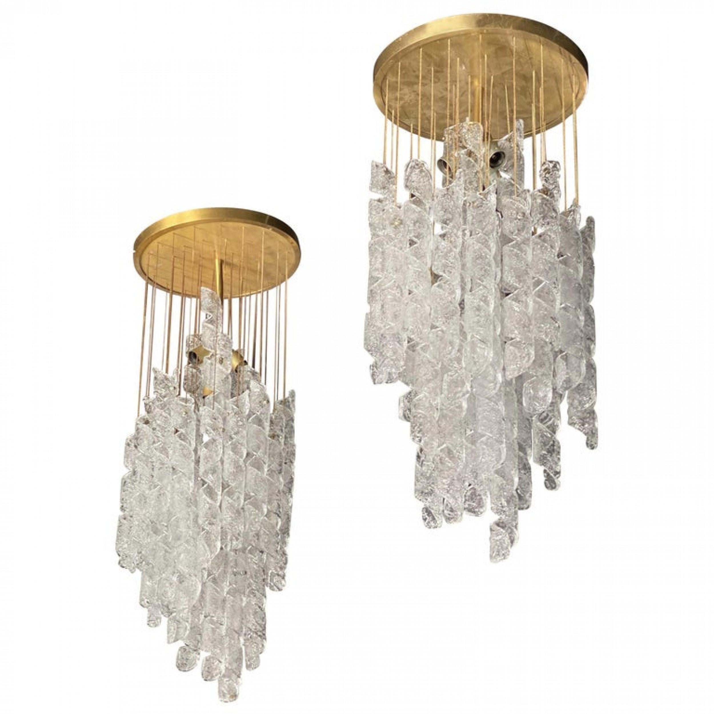 Pair of Italian Modern Hand Blown Glass and Brass Chandeliers, Mazzega For Sale