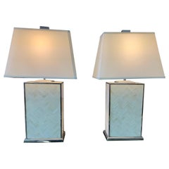 Pair of Italian Modern Herringbone Pieced Bone and Chrome Table Lamps