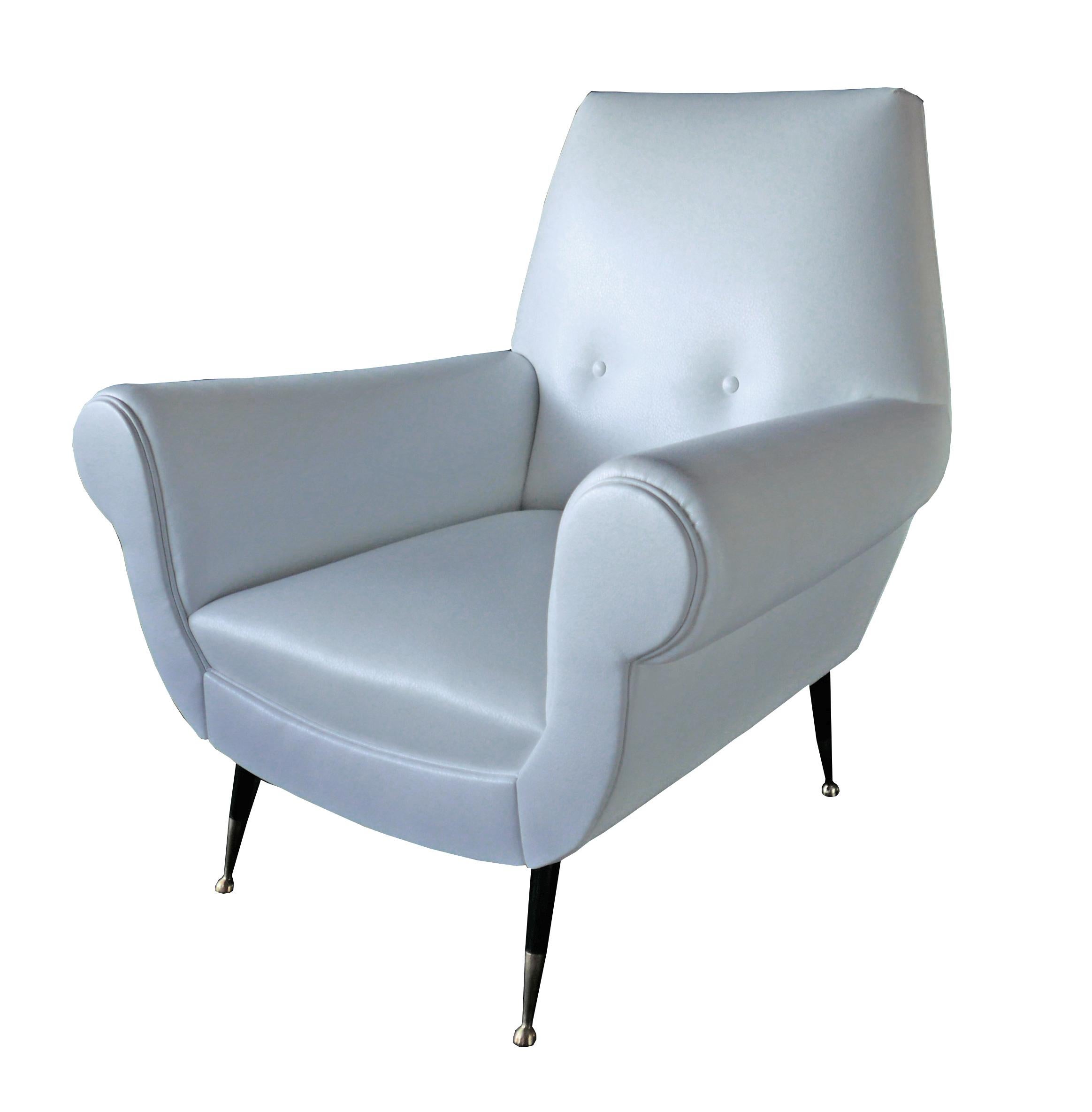 Pair of Italian Modern Leather and Brass Lounge Chairs, Gigi Radice for Minotti 1