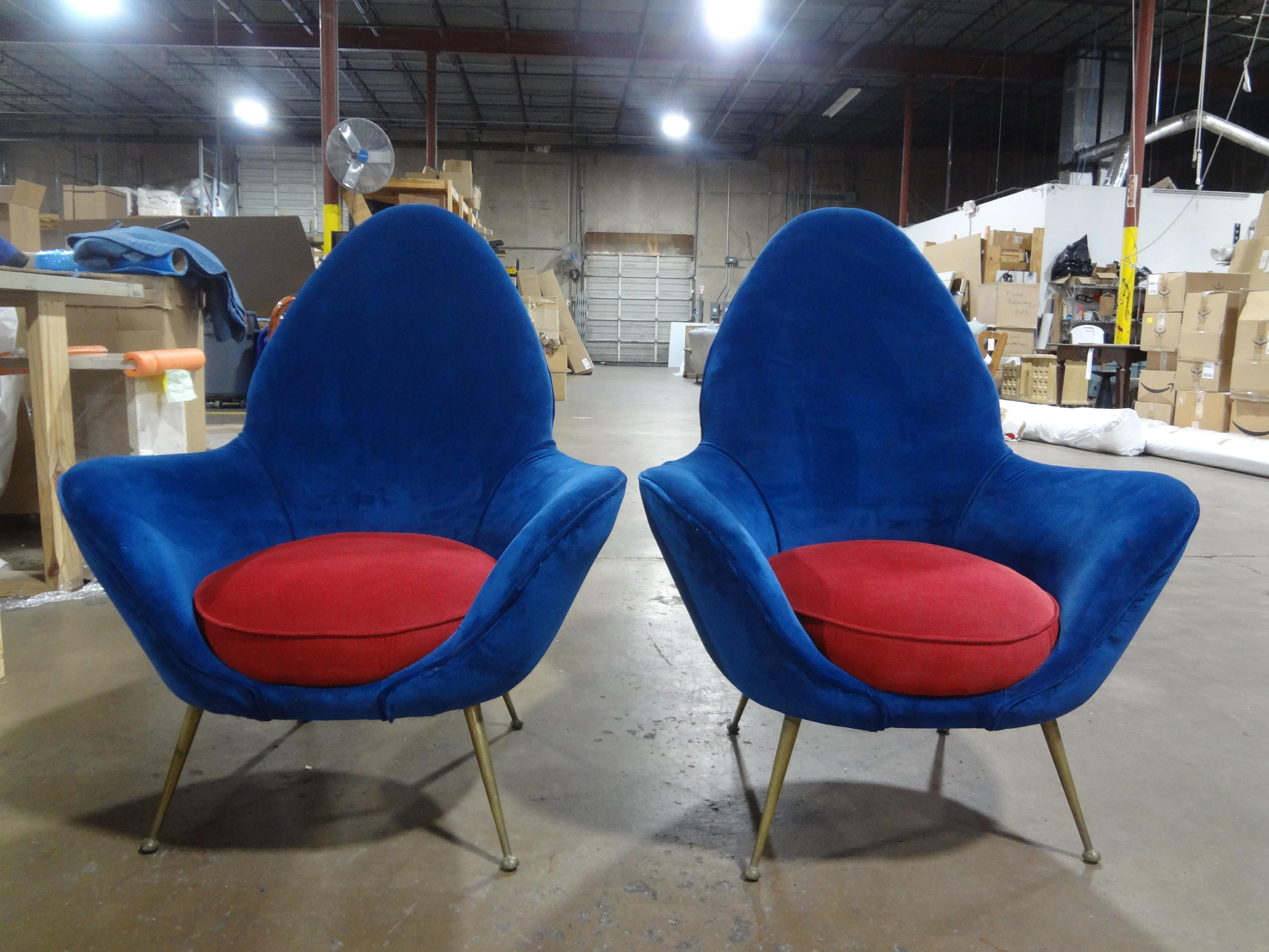 Pair Of Italian Modern Lounge Chairs By Marco Zanuso.
These shapely Italian Gio Ponti inspired mid century modern chairs with splayed brass legs are recently upholstered and very comfortable.
Beautiful from every angle. Perfect for floating in a