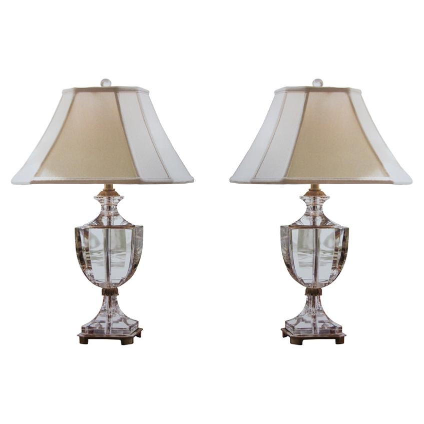 Pair of Italian Modern Neoclassical Solid Crystal and Brass Table Lamps