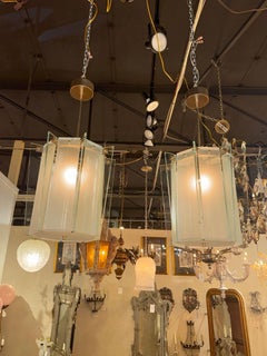 Pair of Italian Modern Pale Green Frosted Glass Lanterns