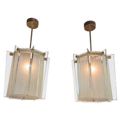 Pair of Italian Modern Pale Green Frosted Glass Lanterns