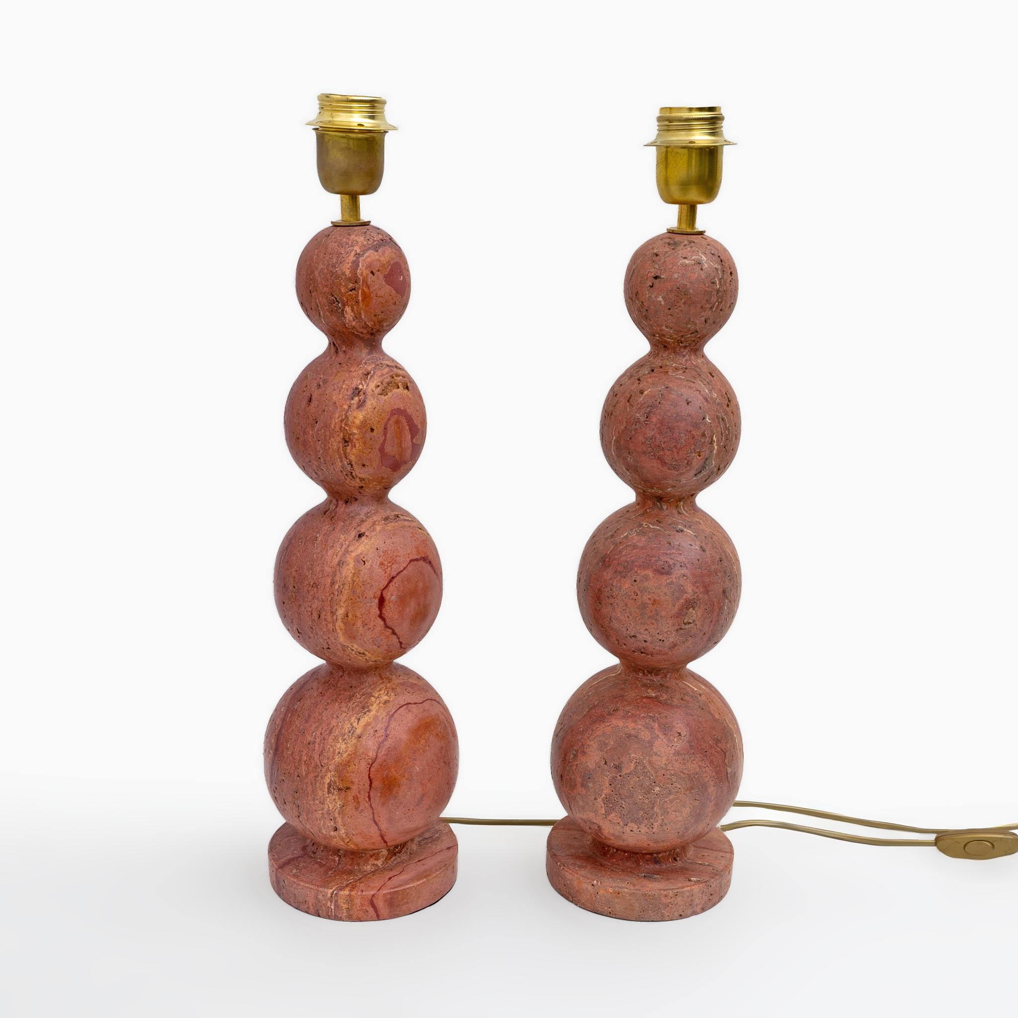 Pair of Italian Modern Red Travertine Sphere Lamps For Sale 1