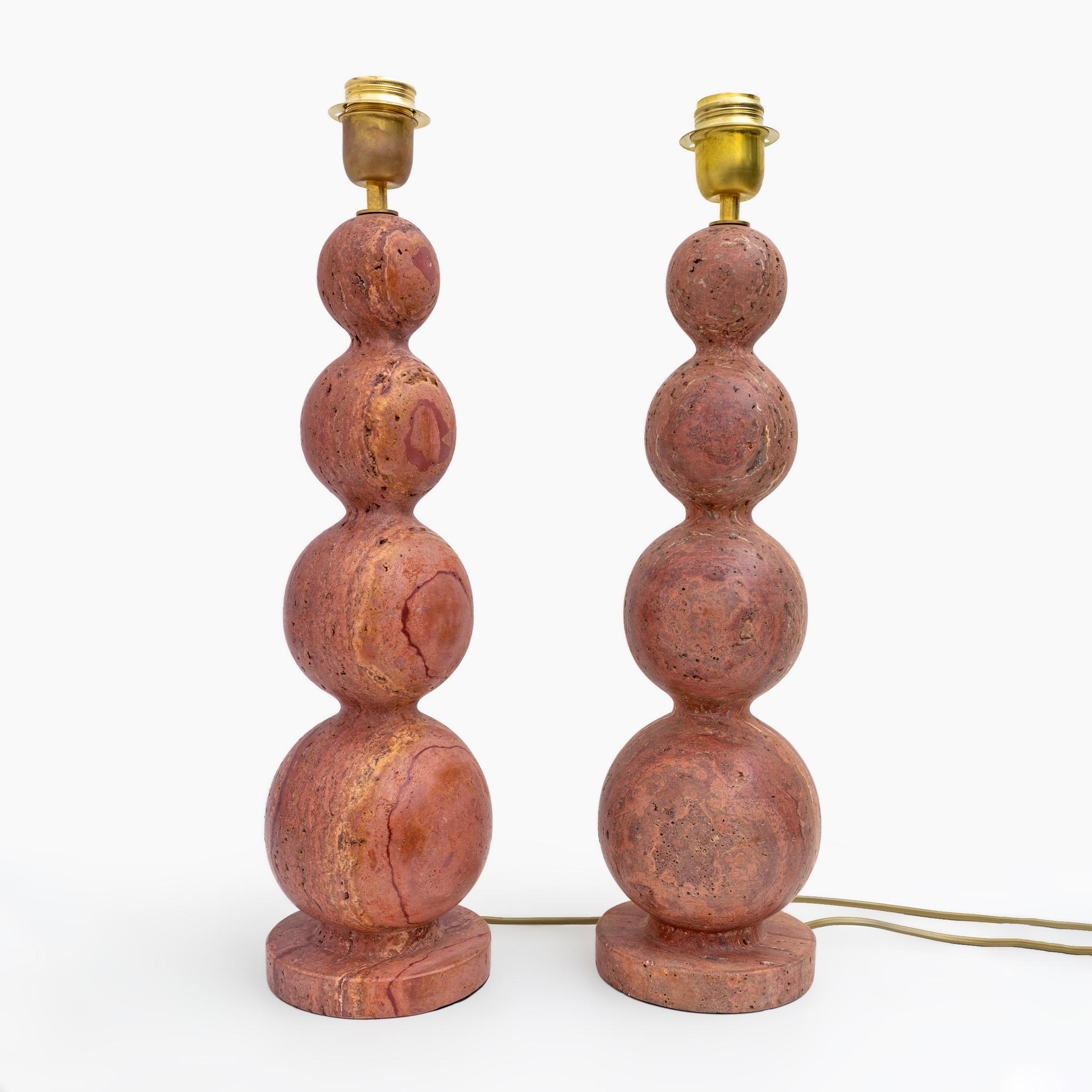 Pair of Italian Modern Red Travertine Sphere Lamps For Sale 3