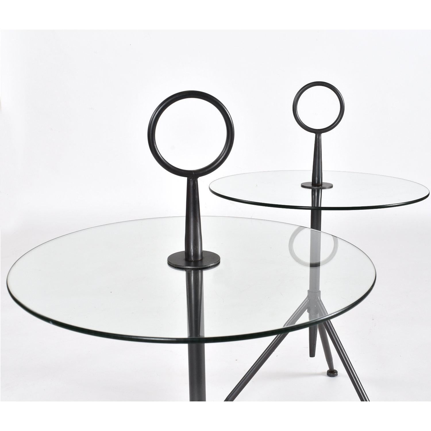 Pair of Italian Modern Round Glass Gueridon Side Tables with Tripod Steel Bases In Good Condition For Sale In Chattanooga, TN