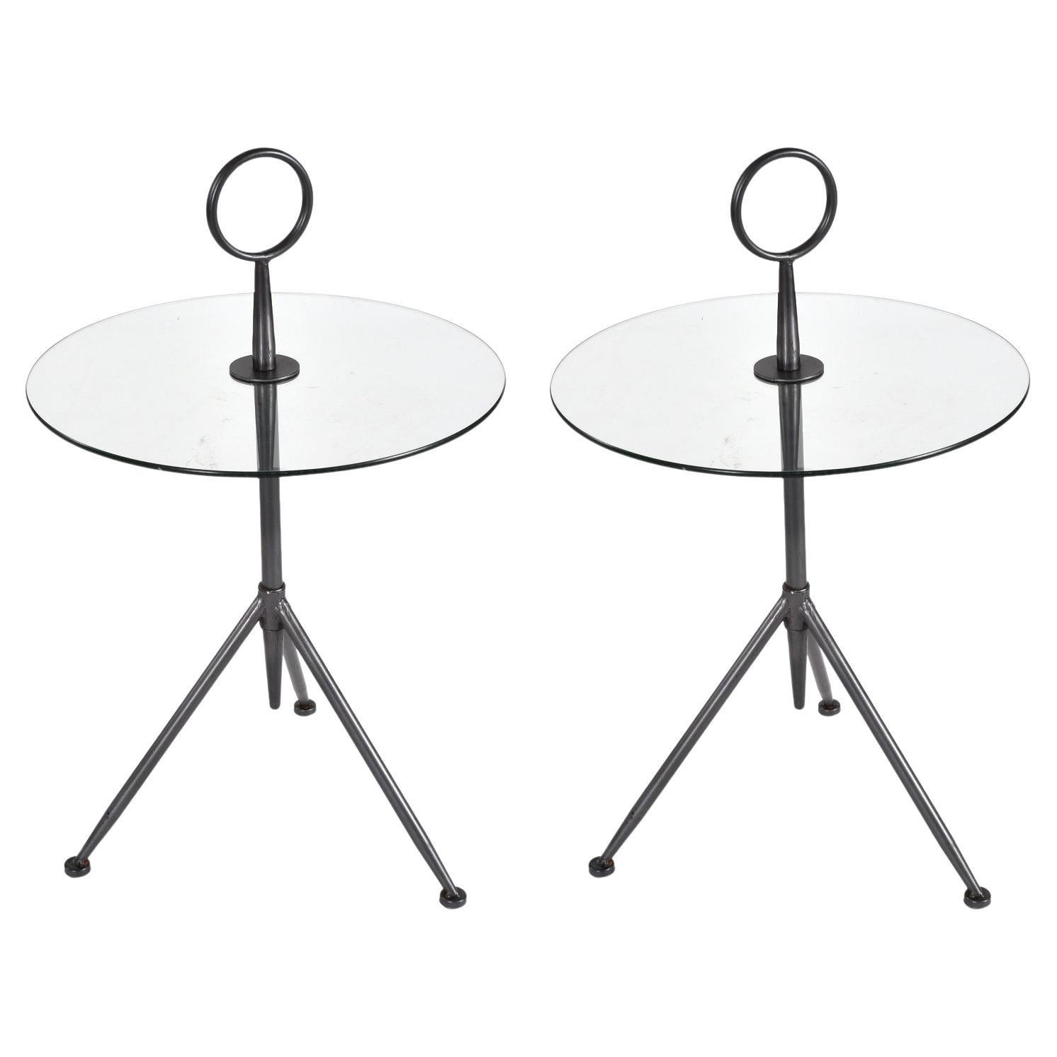 Pair of Italian Modern Round Glass Gueridon Side Tables with Tripod Steel Bases