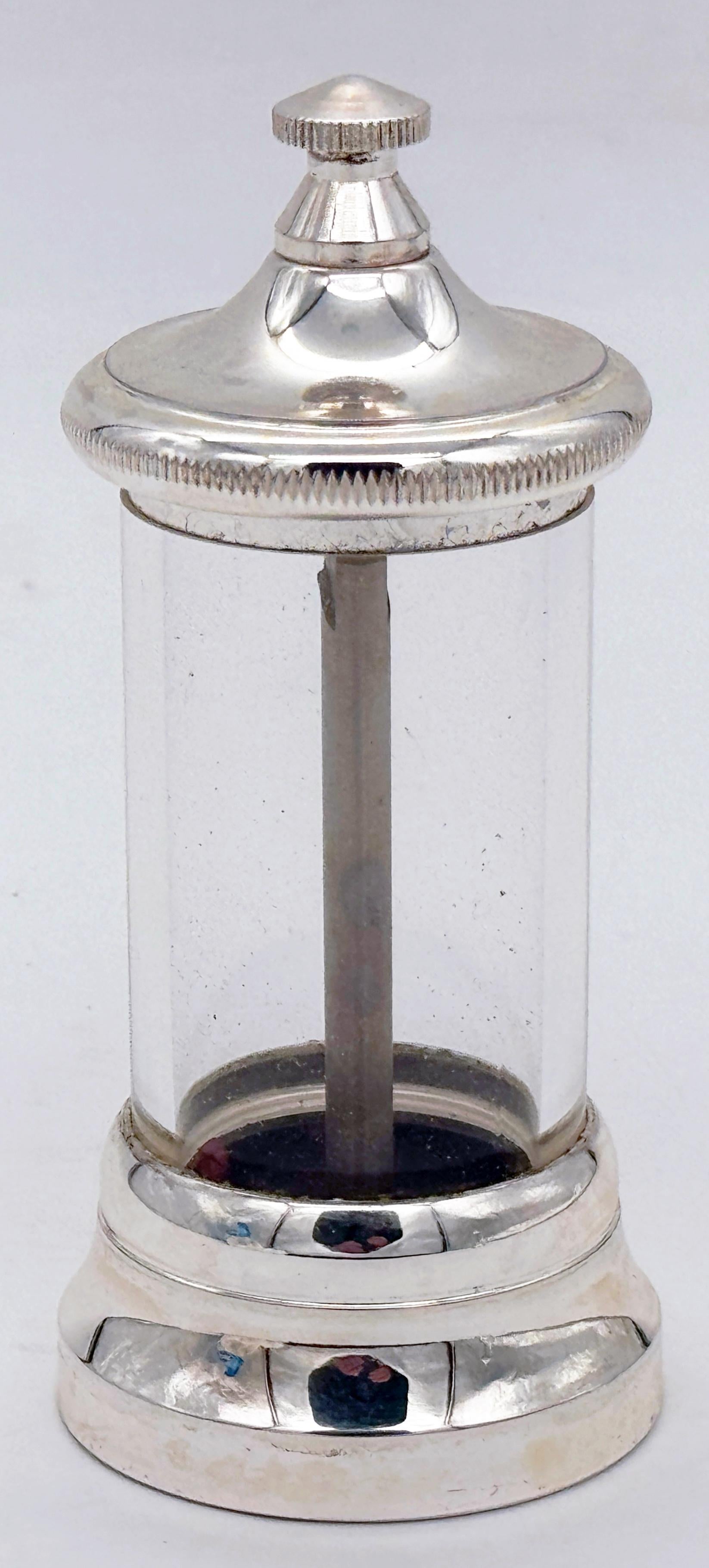 Polished Pair of Italian Modern Silverplated & Glass Peppermills For Sale