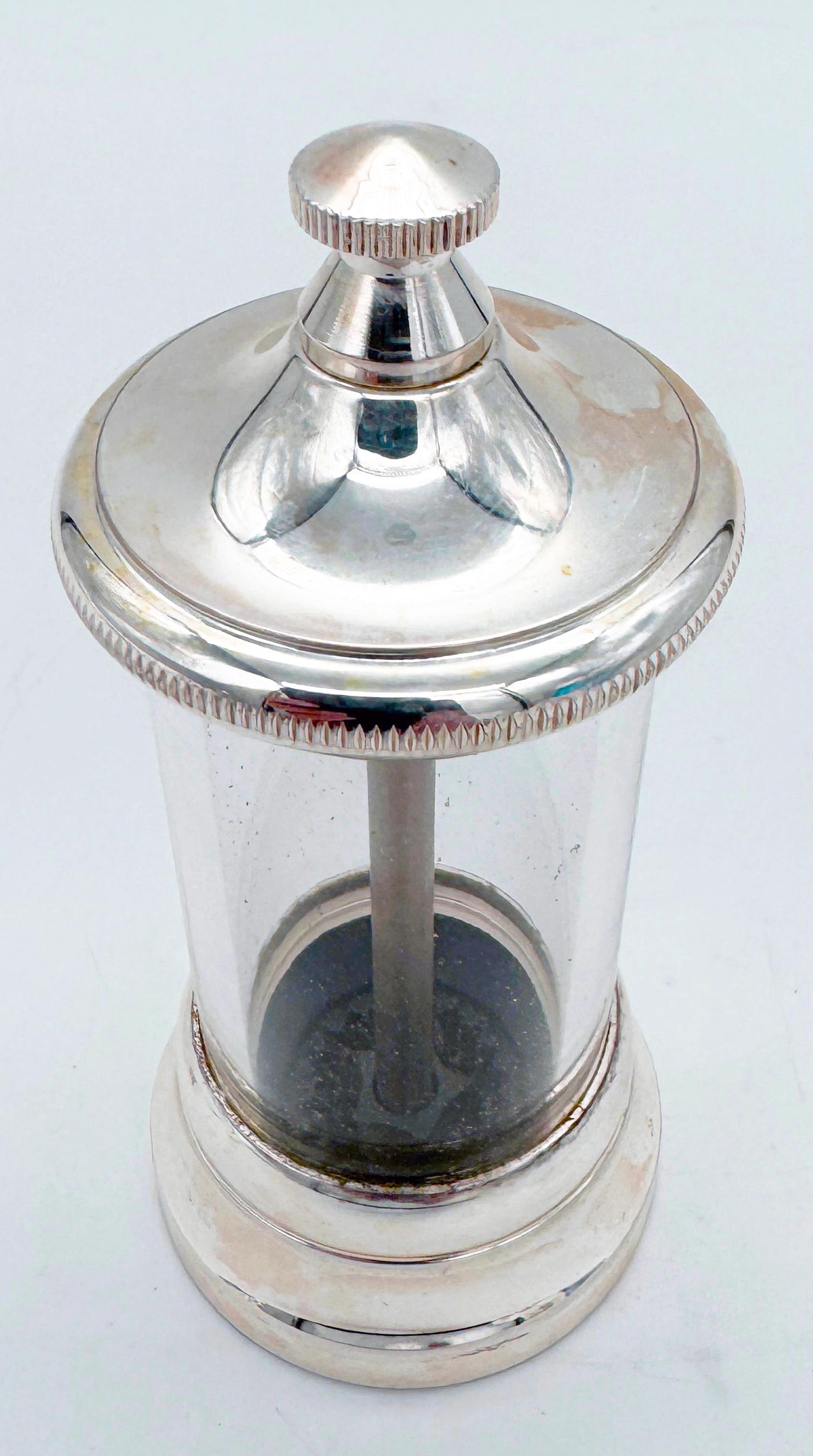 Metal Pair of Italian Modern Silverplated & Glass Peppermills For Sale