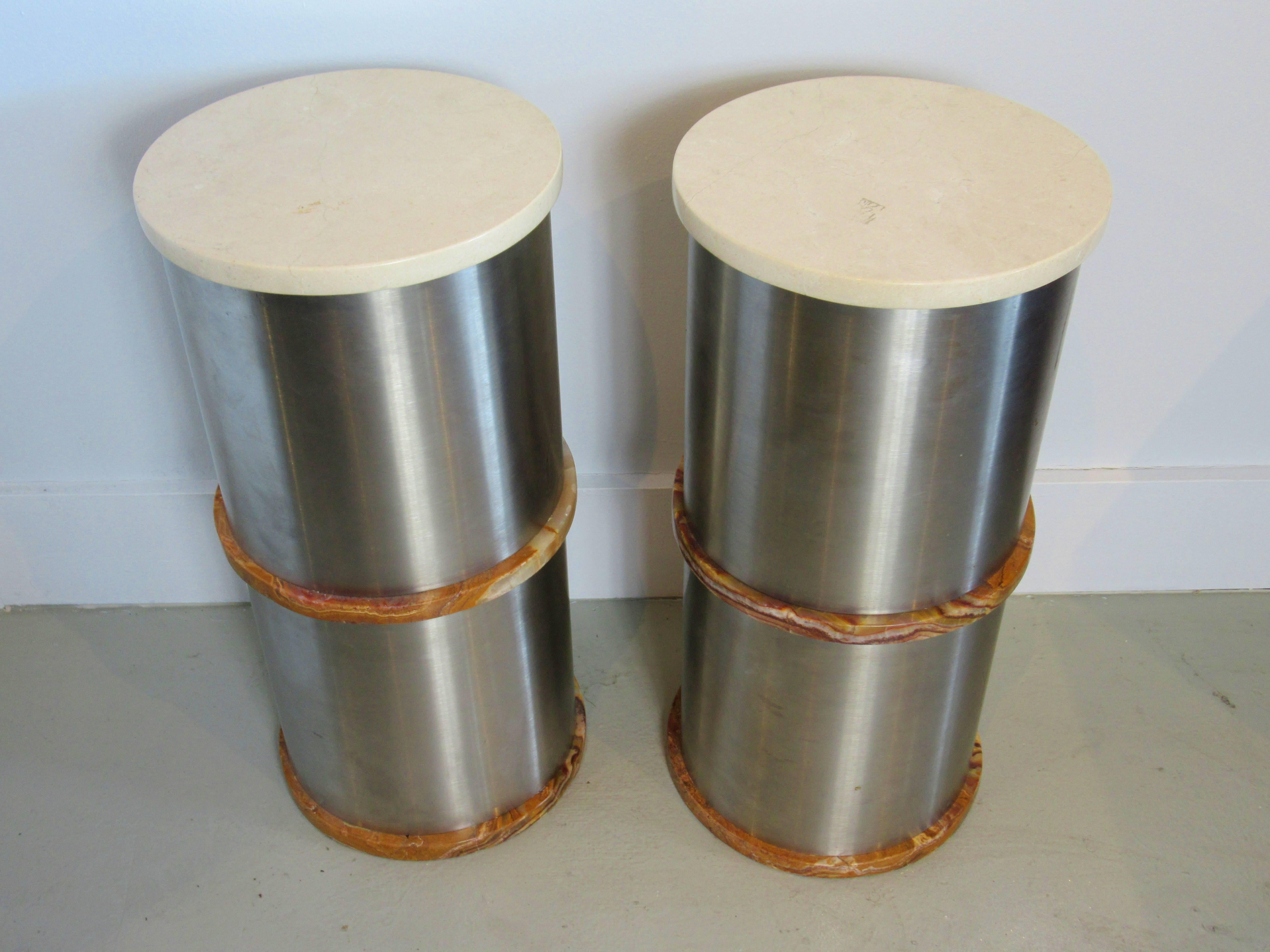 Pair of Italian Modern Stainless Steel Travertine and Onyx Side Tables, Saporiti 2