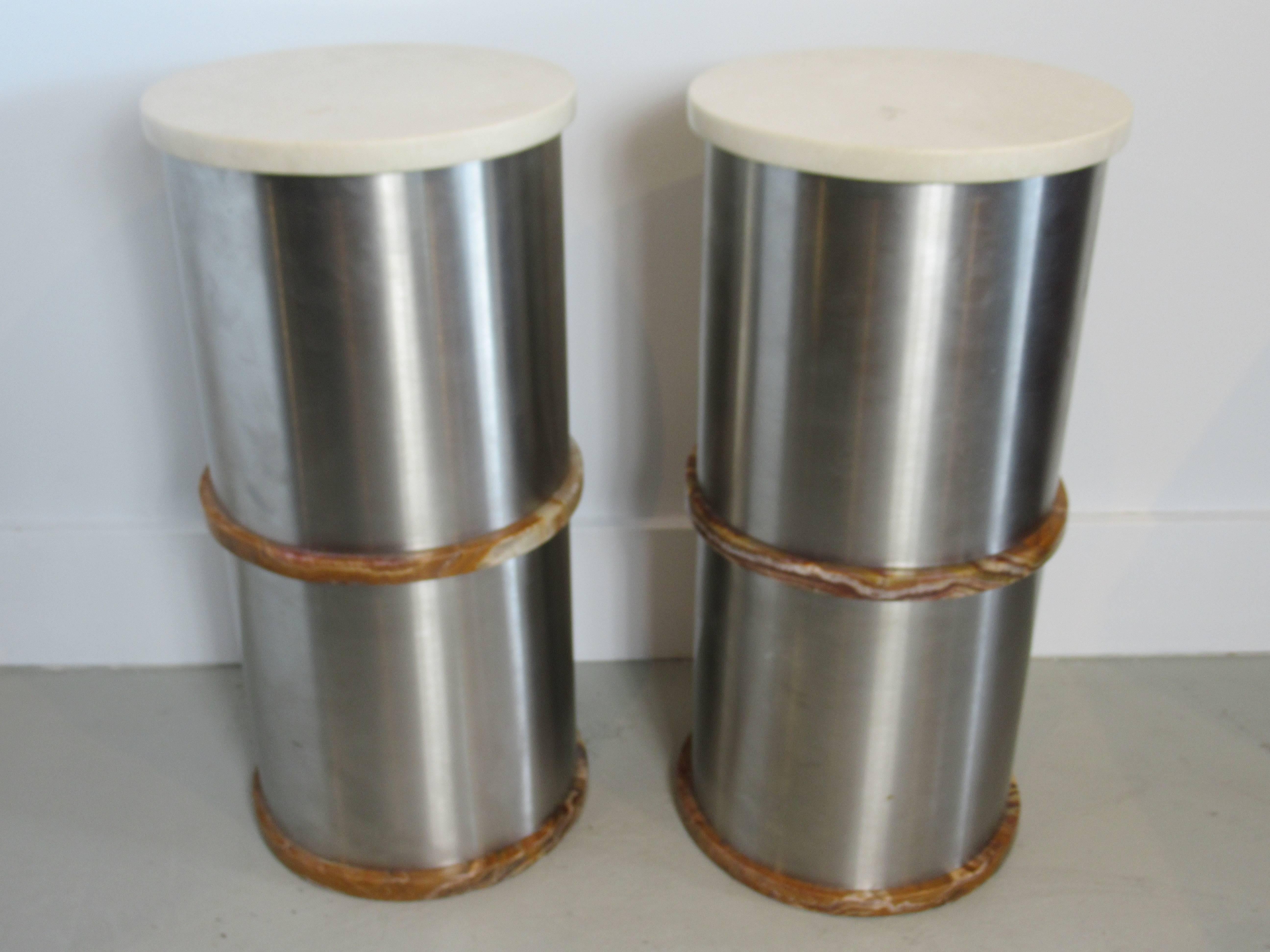 Pair of Italian Modern Stainless Steel Travertine and Onyx Side Tables, Saporiti 3