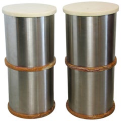 Pair of Italian Modern Stainless Steel Travertine and Onyx Side Tables, Saporiti