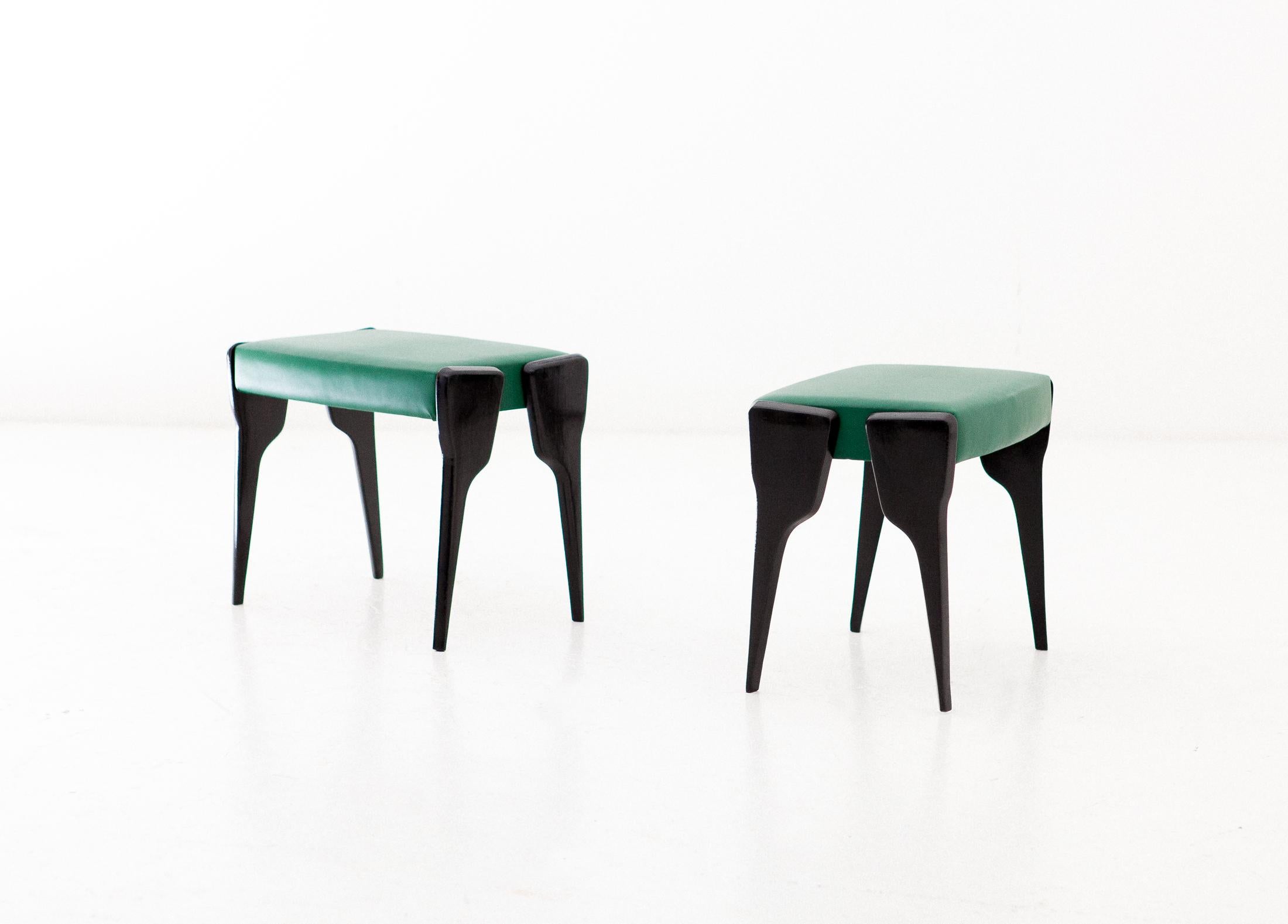 Mid-Century Modern Pair of Italian Modern Stool with Black Mahogany Legs and Natural Green Leather