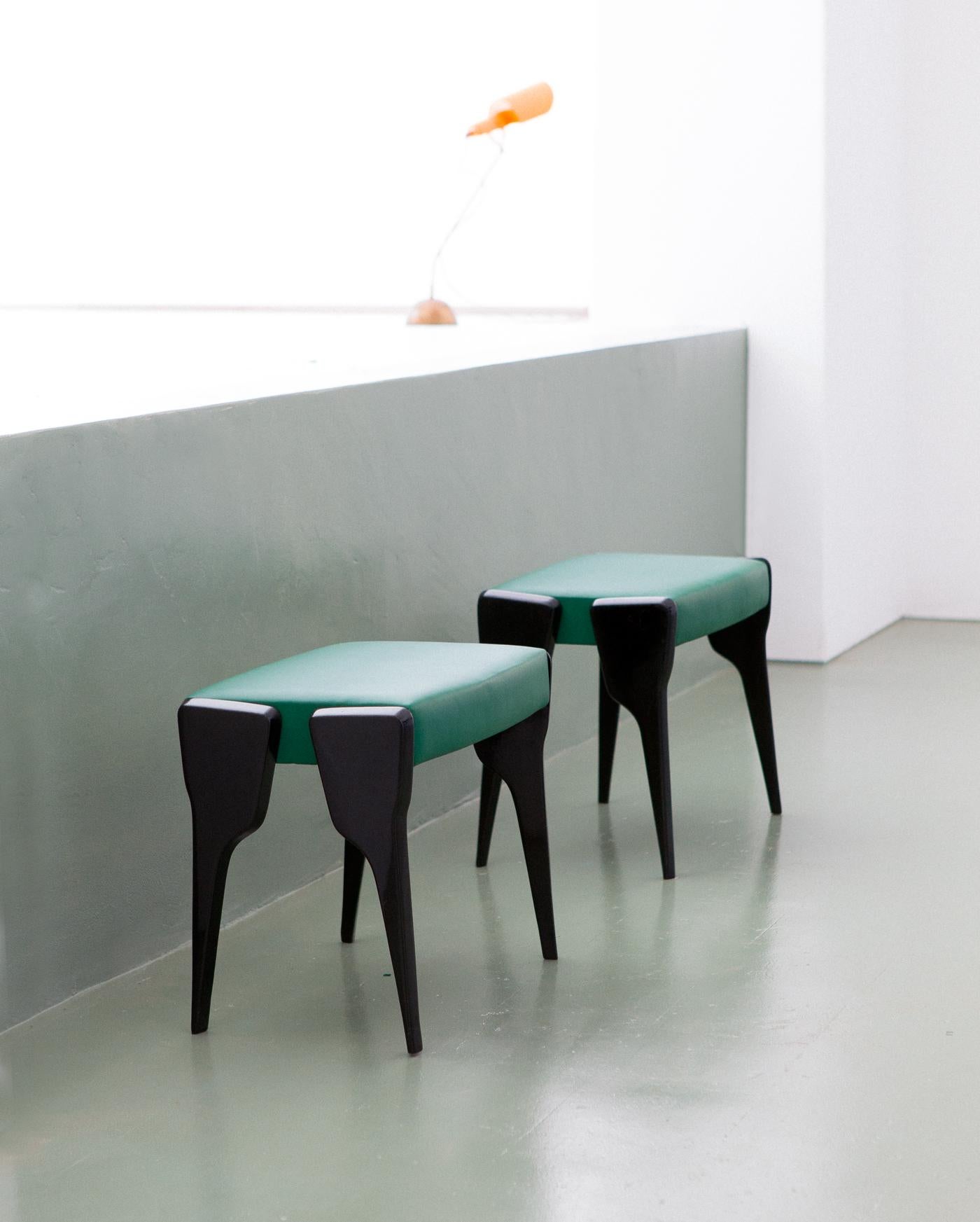 Mid-20th Century Pair of Italian Modern Stool with Black Mahogany Legs and Natural Green Leather