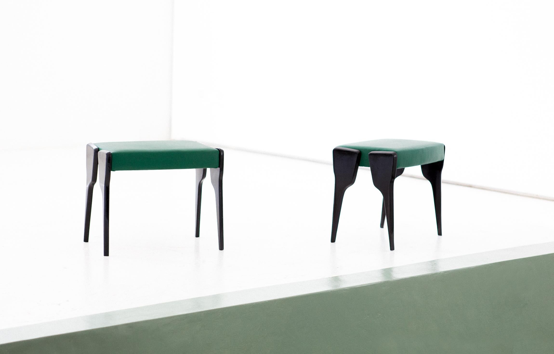 Pair of Italian Modern Stool with Black Mahogany Legs and Natural Green Leather 1