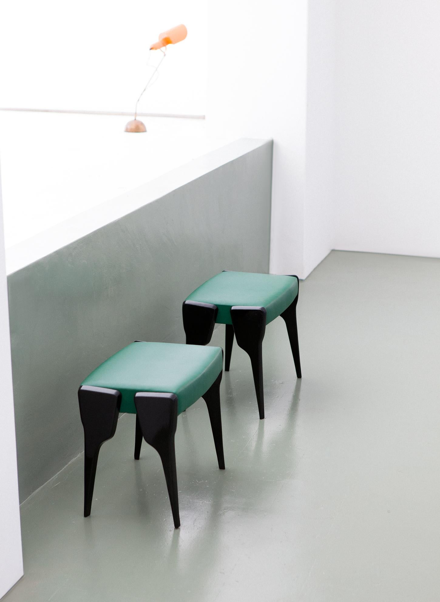 Pair of Italian Modern Stool with Black Mahogany Legs and Natural Green Leather 2