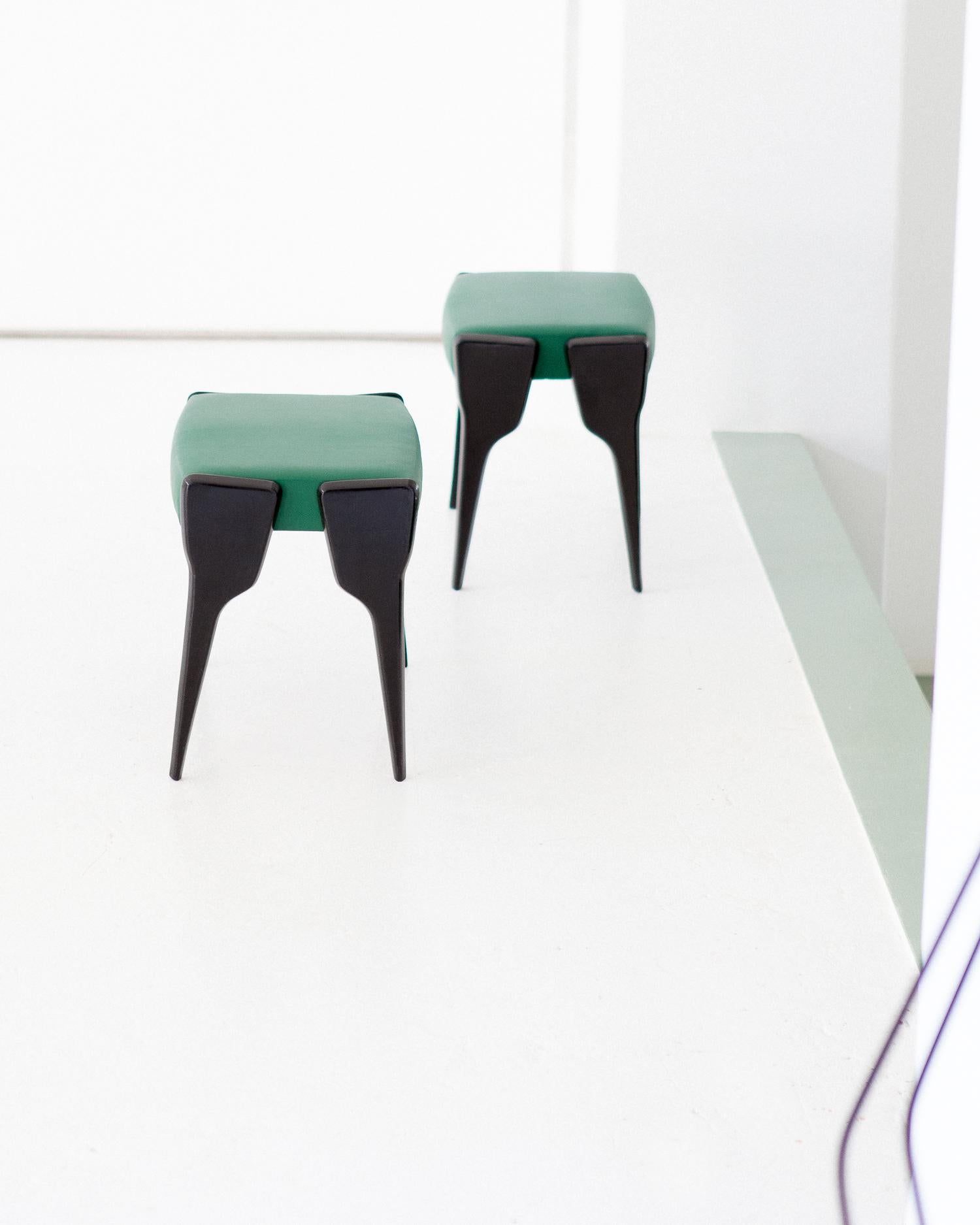 Pair of Italian Modern Stool with Black Mahogany Legs and Natural Green Leather 1