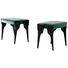 Pair of Italian Modern Stool with Black Mahogany Legs and Natural Green Leather