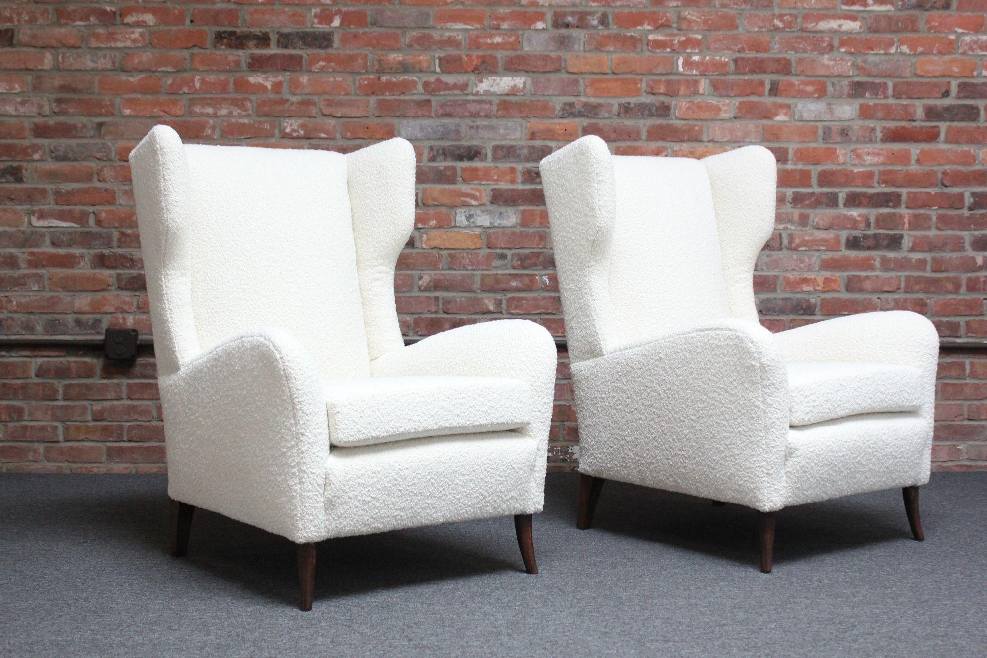Pair of Italian Modern Tall Wingback Arm Chairs in Bouclé and Walnut For Sale 9