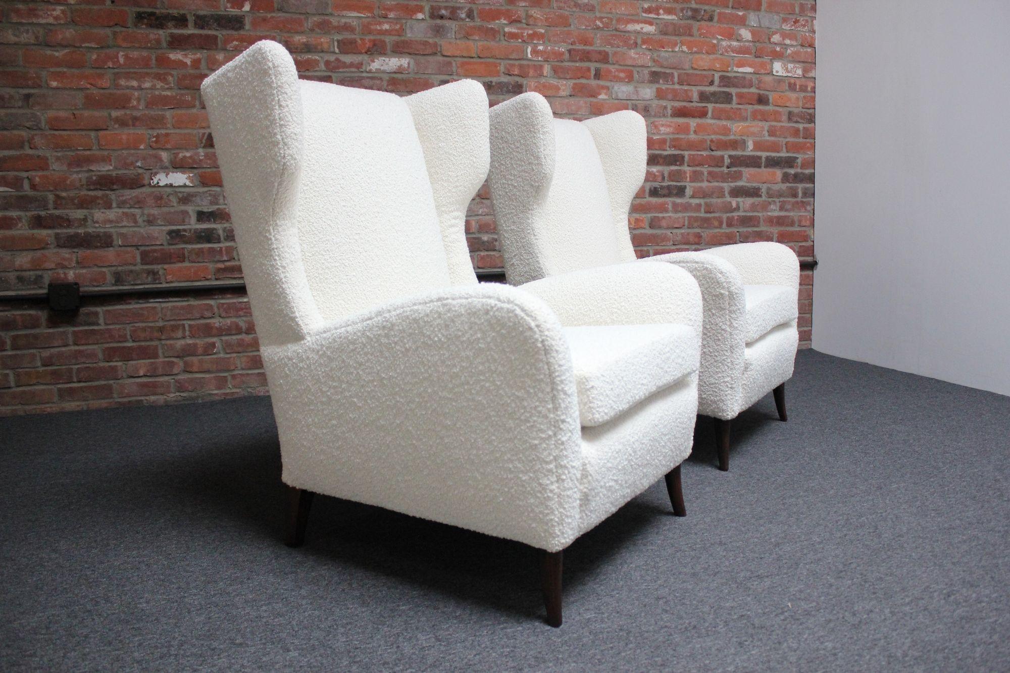 Pair of Italian Modern Tall Wingback Arm Chairs in Bouclé and Walnut For Sale 10