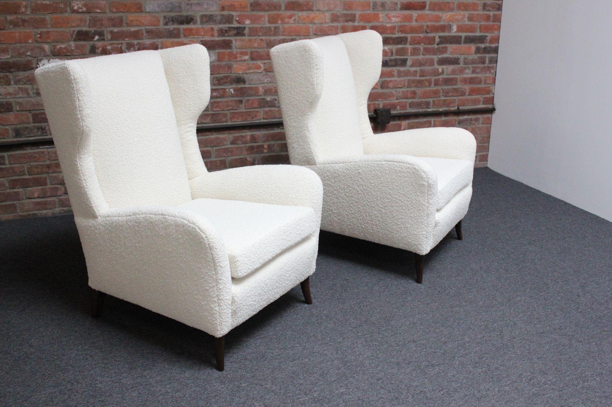 Pair of Italian Modern Tall Wingback Arm Chairs in Bouclé and Walnut For Sale 11