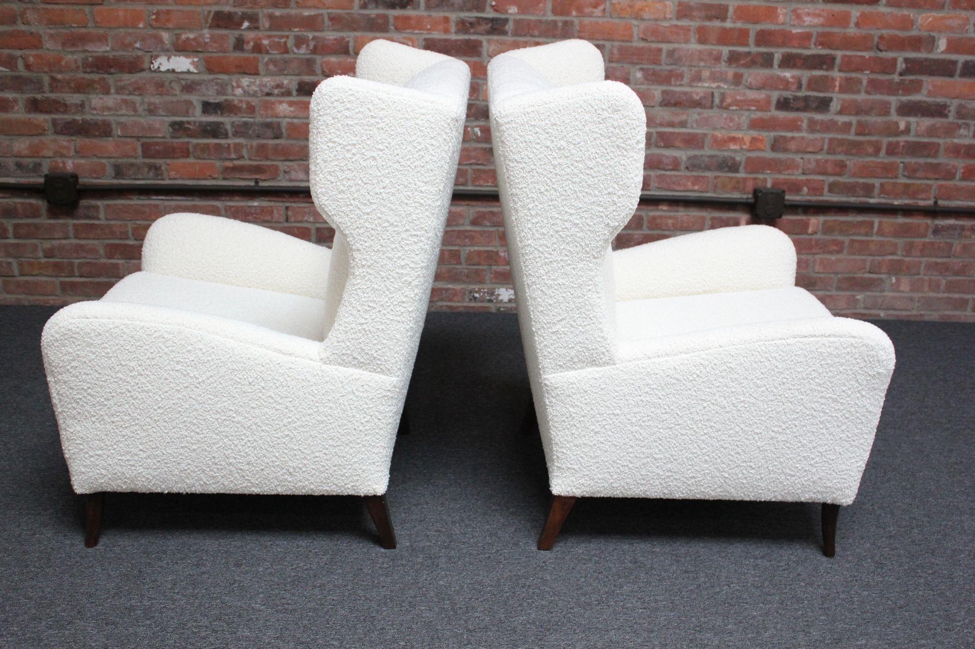 Pair of Italian Modern Tall Wingback Arm Chairs in Bouclé and Walnut For Sale 12