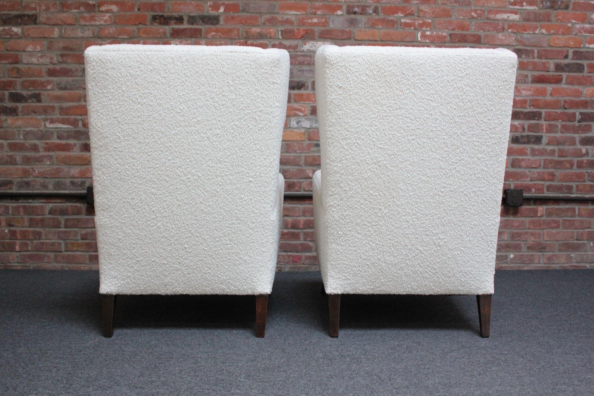 Pair of Italian Modern Tall Wingback Arm Chairs in Bouclé and Walnut For Sale 13