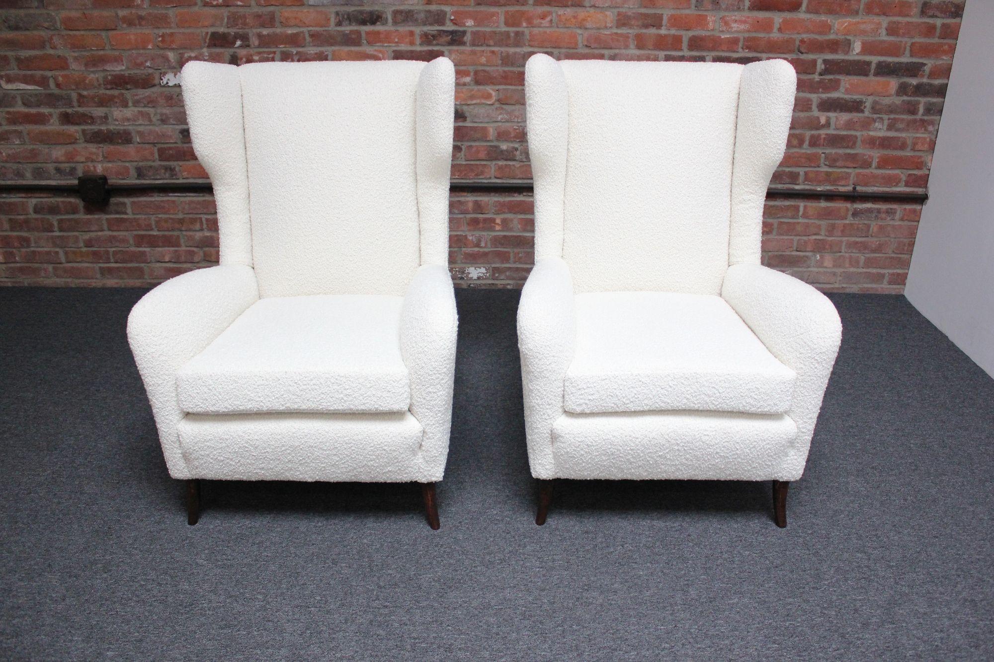 Mid-Century Modern Pair of Italian Modern Tall Wingback Arm Chairs in Bouclé and Walnut For Sale
