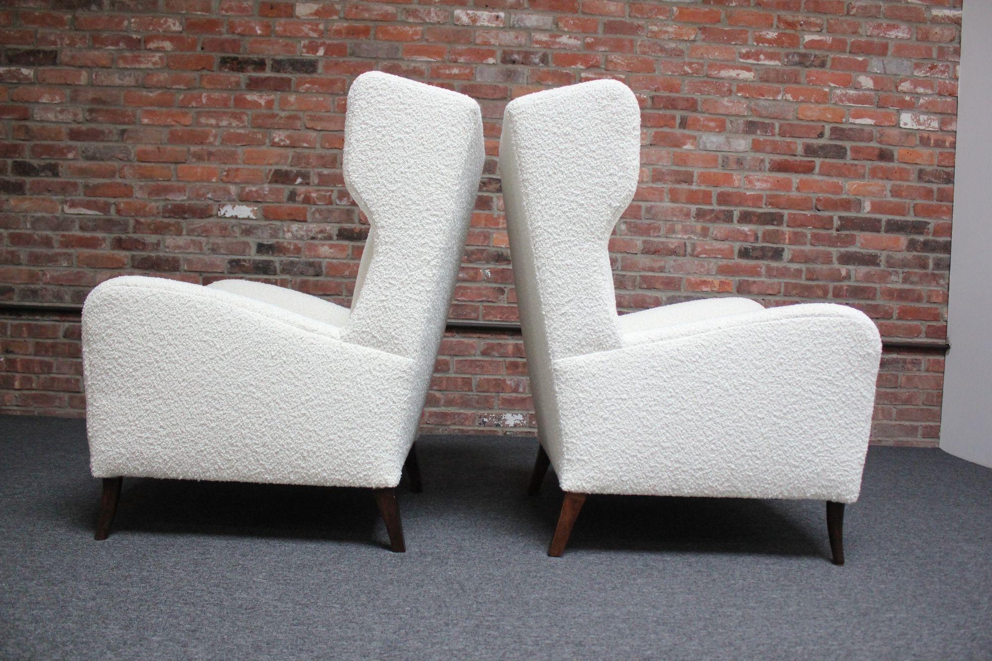 Mid-20th Century Pair of Italian Modern Tall Wingback Arm Chairs in Bouclé and Walnut For Sale