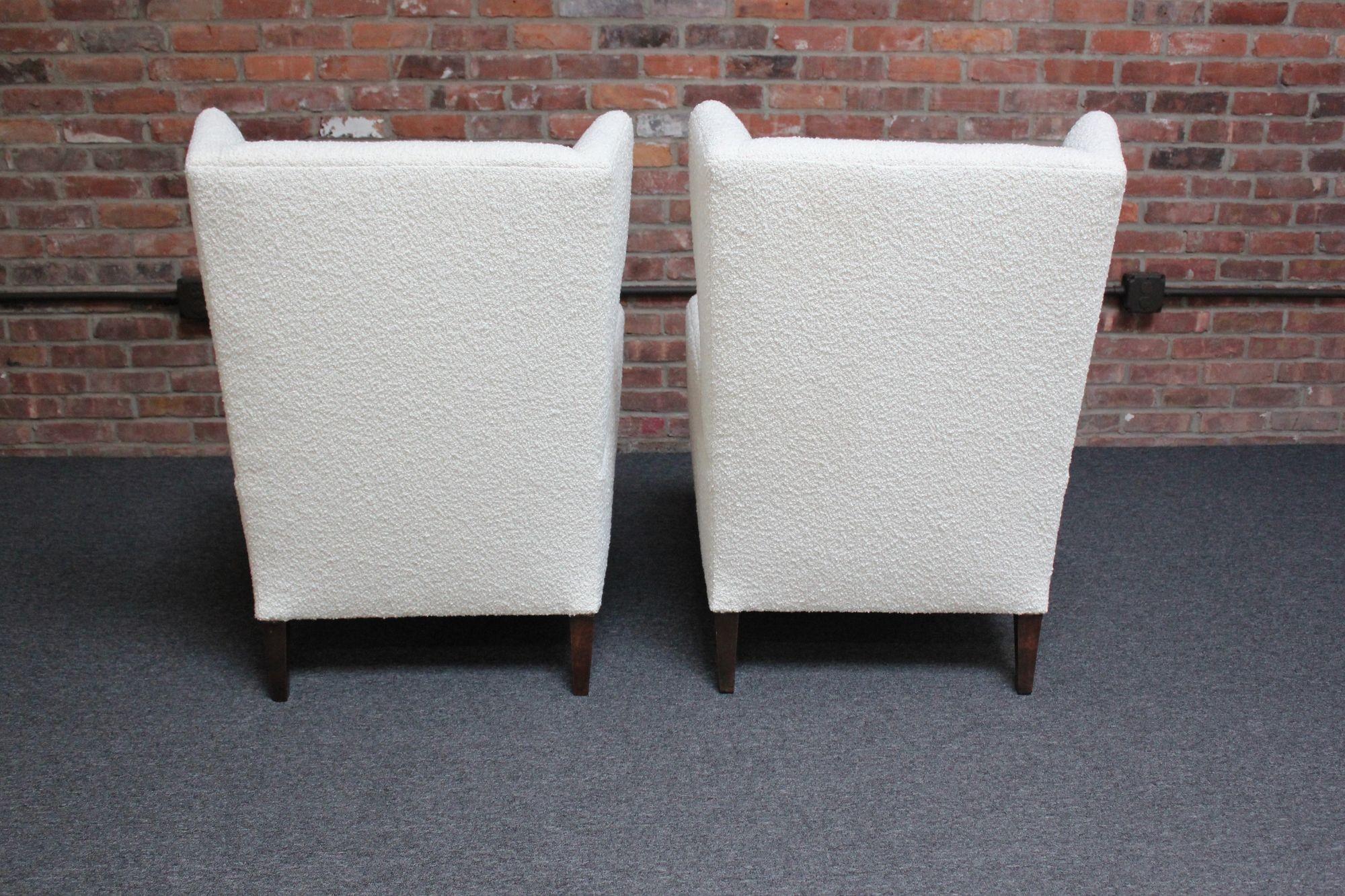 Pair of Italian Modern Tall Wingback Arm Chairs in Bouclé and Walnut For Sale 1