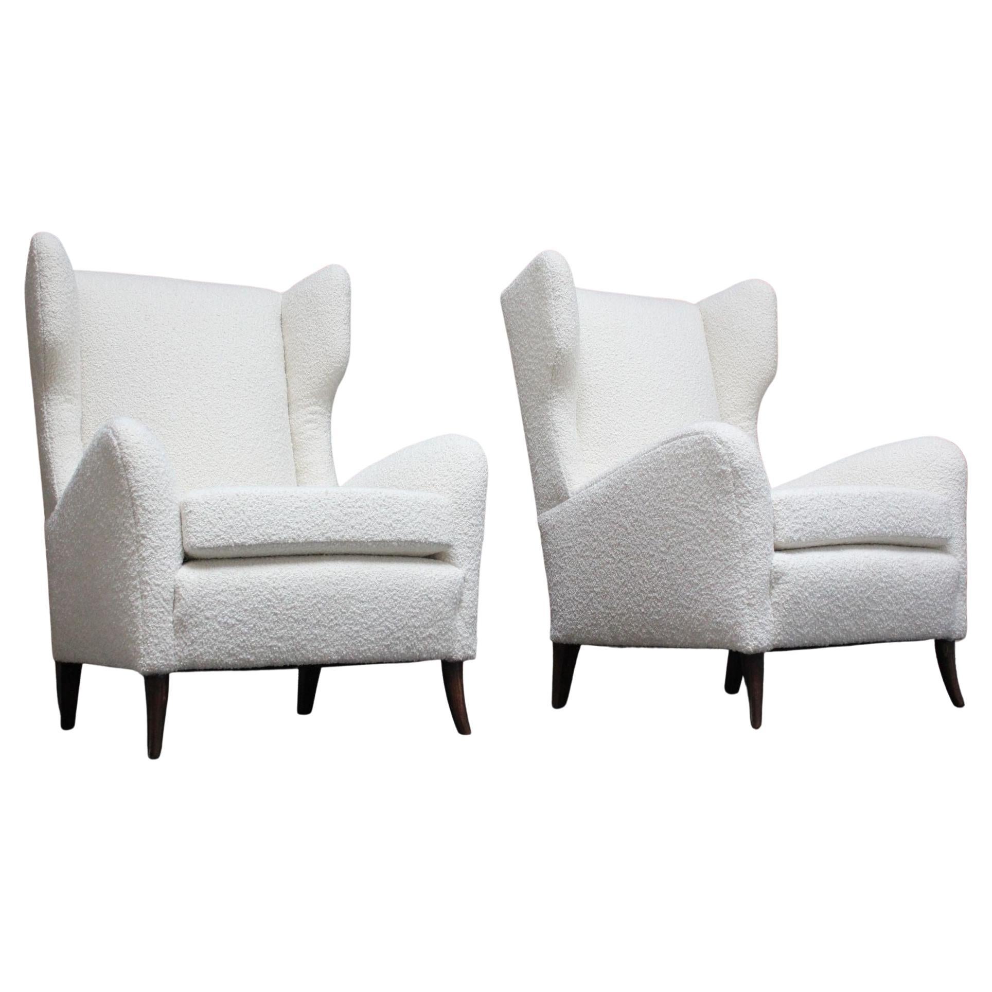 Pair of Italian Modern Tall Wingback Arm Chairs in Bouclé and Walnut For Sale