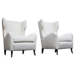 Pair of Italian Modern Tall Wingback Arm Chairs in Bouclé and Walnut