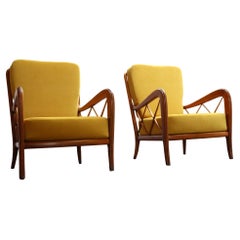 Pair of Italian Modern Walnut and Velvet Lounge Chairs Attributed to Paolo Buffa