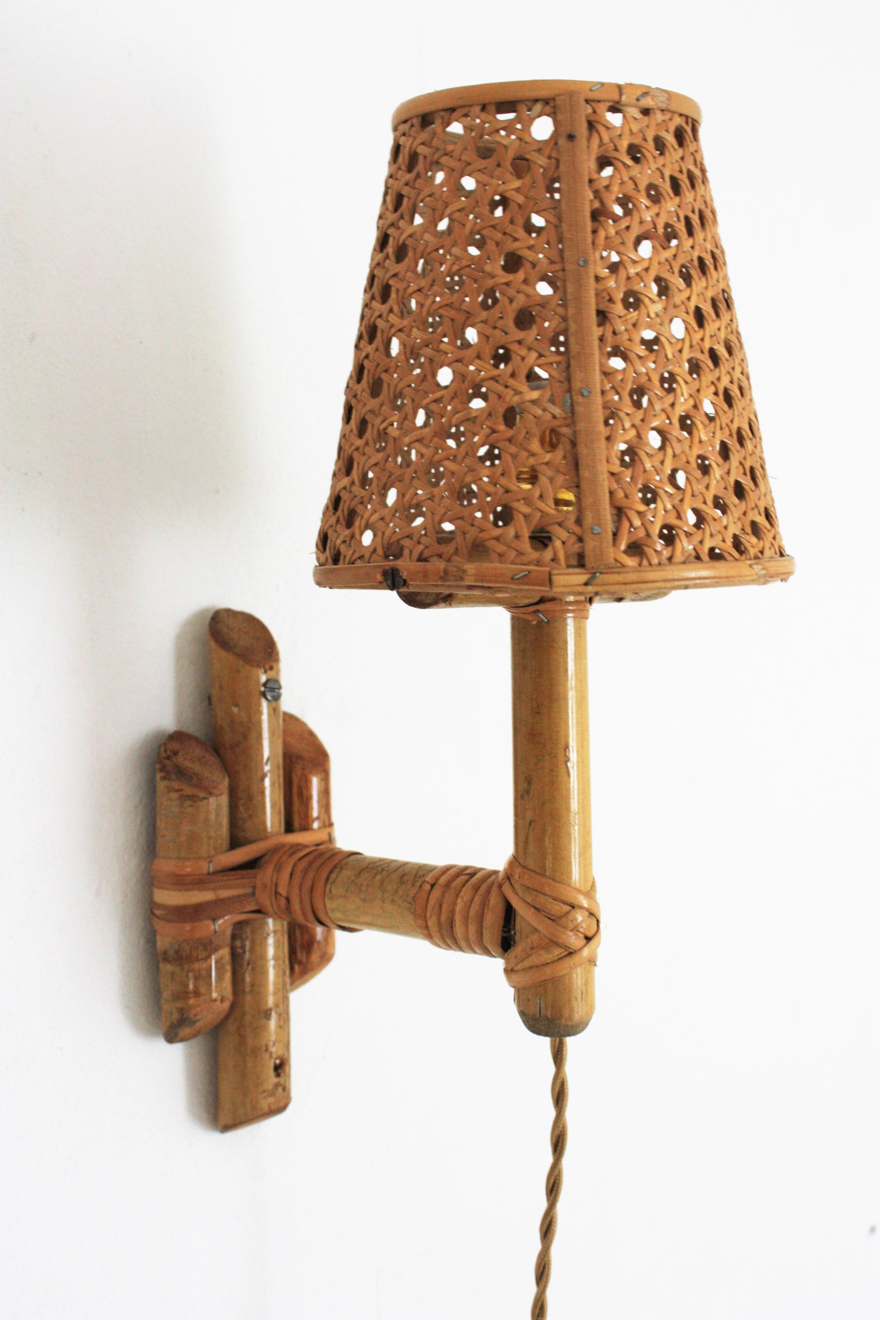 Pair of Italian Modern Woven Wicker Rattan and Bamboo Wall Lights with Shades For Sale 3