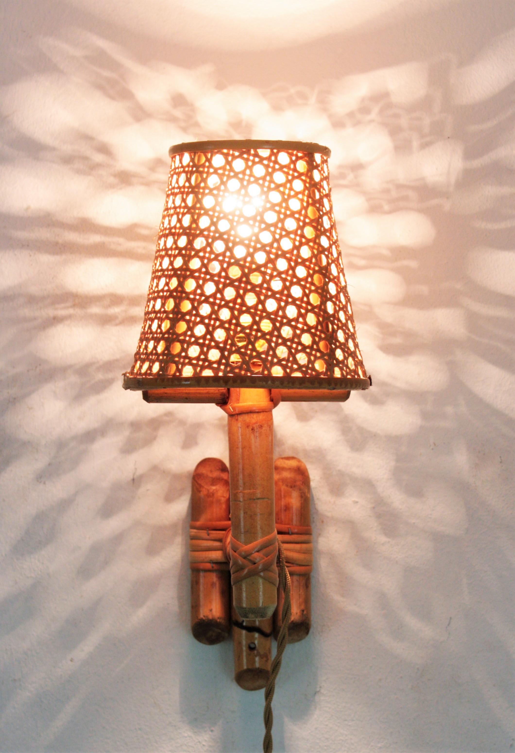 Pair of Italian Modern Woven Wicker Rattan and Bamboo Wall Lights with Shades For Sale 5