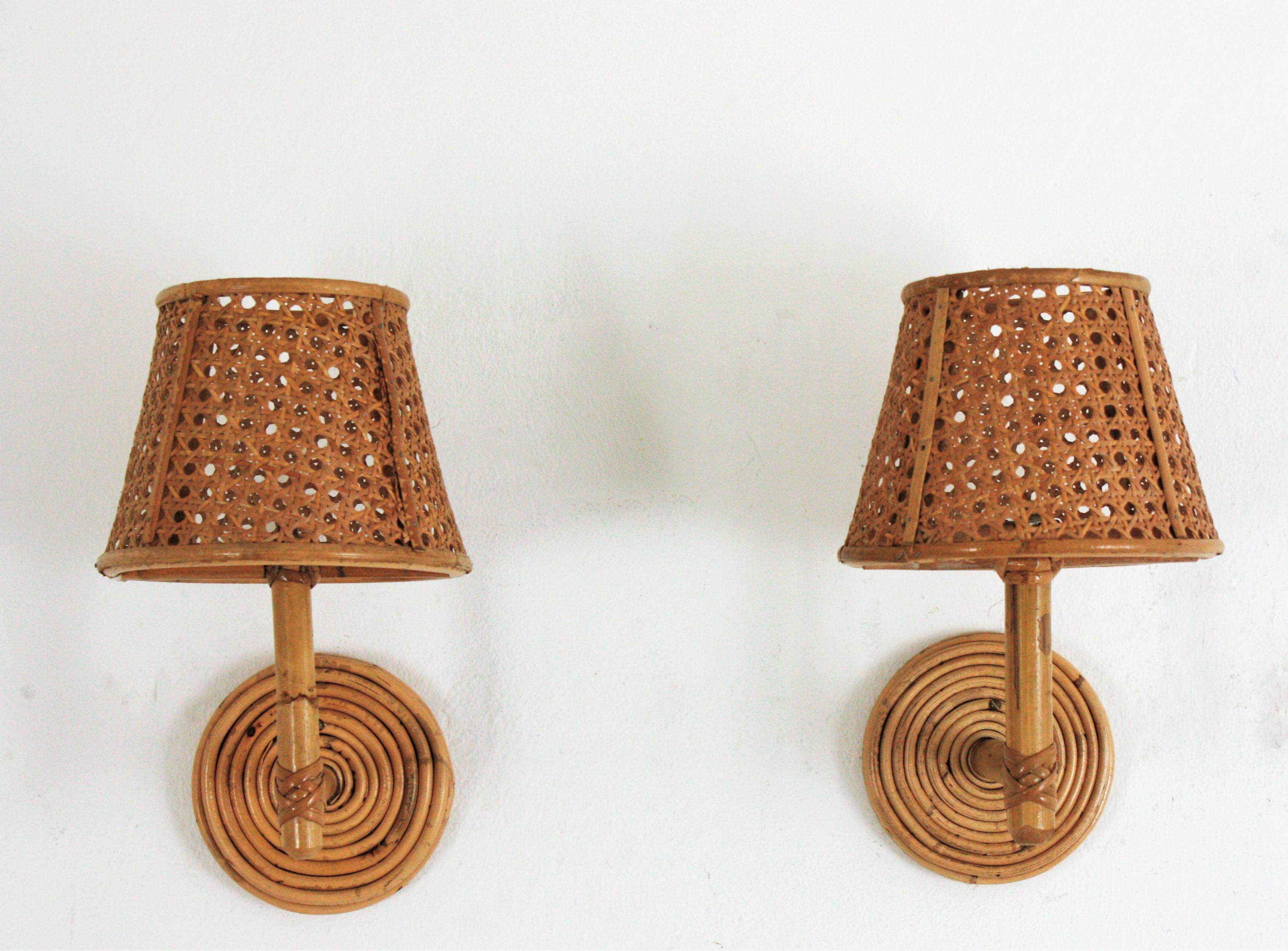 Pair of Italian Modern Woven Wicker Rattan and Bamboo Wall Lights with Shades 1