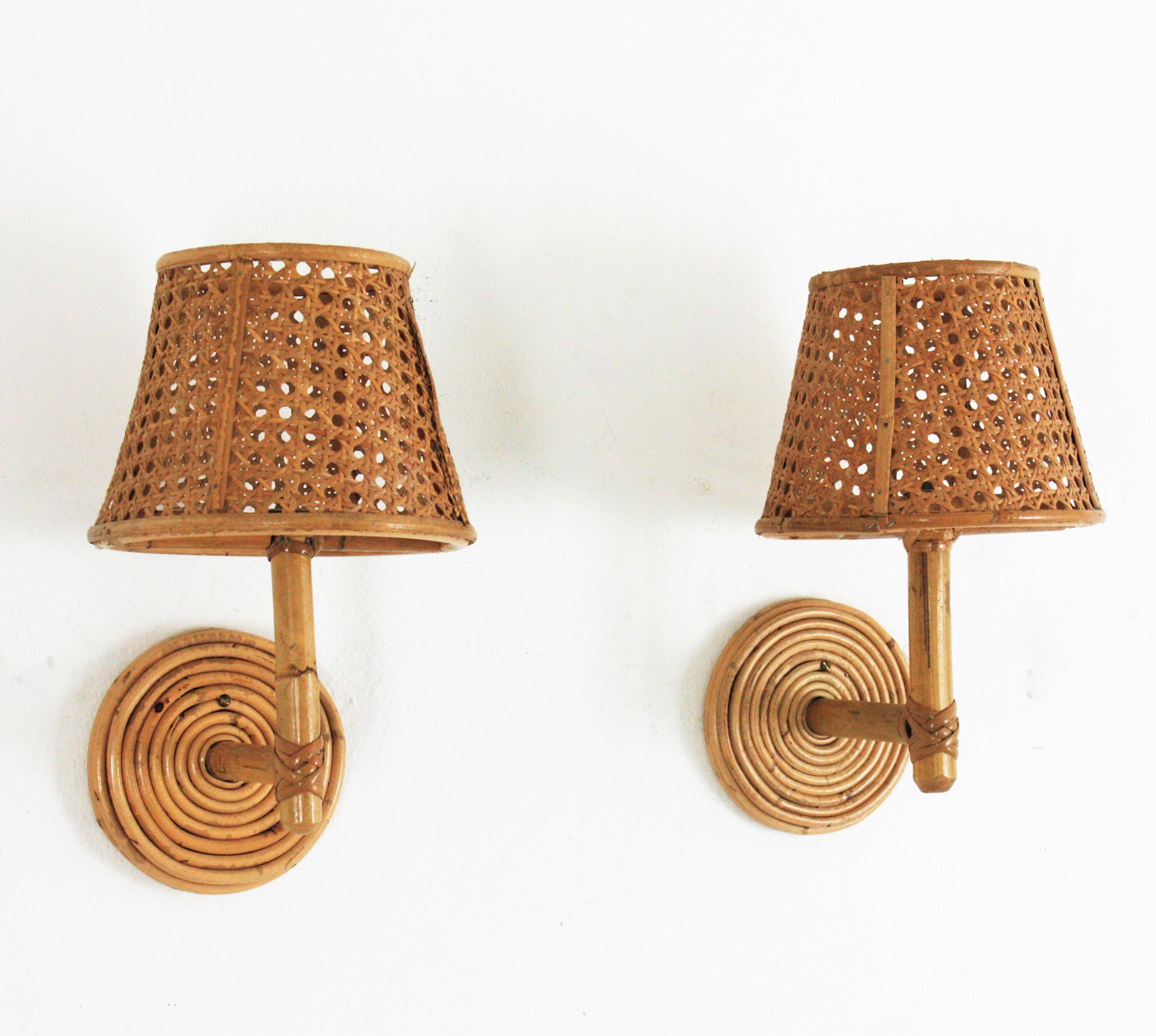 Pair of Italian Modern Woven Wicker Rattan and Bamboo Wall Lights with Shades 2